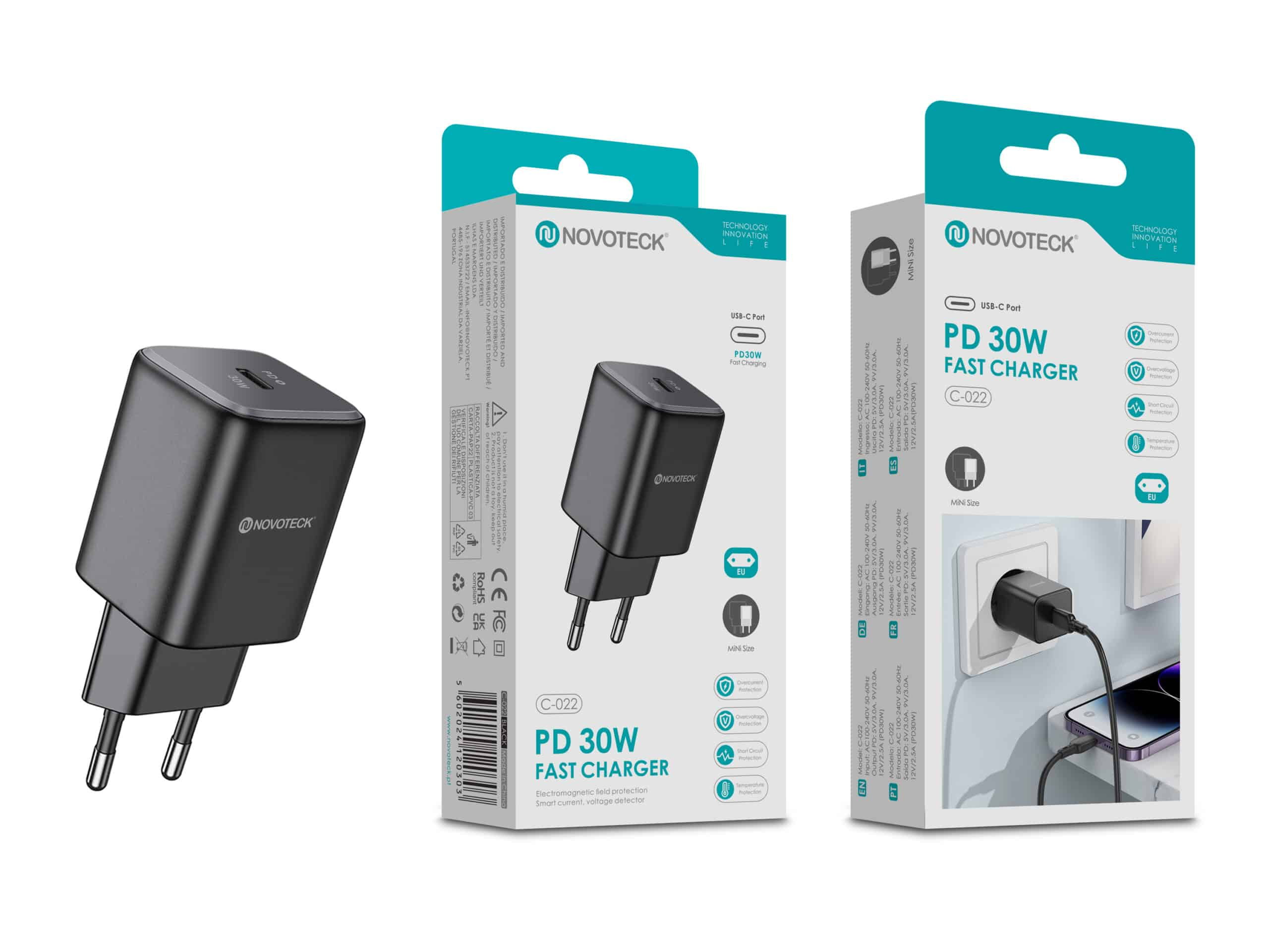 Cargador rápido Novoteck PD 30W negro, con caja. Muestra el cargador, detalles de la caja y enchufado.