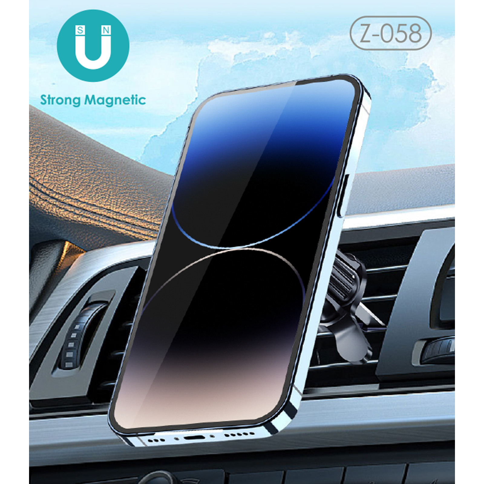 Un teléfono sujeto a un soporte de ventilación de coche. El teléfono tiene una pantalla degradada y el soporte una base magnética.