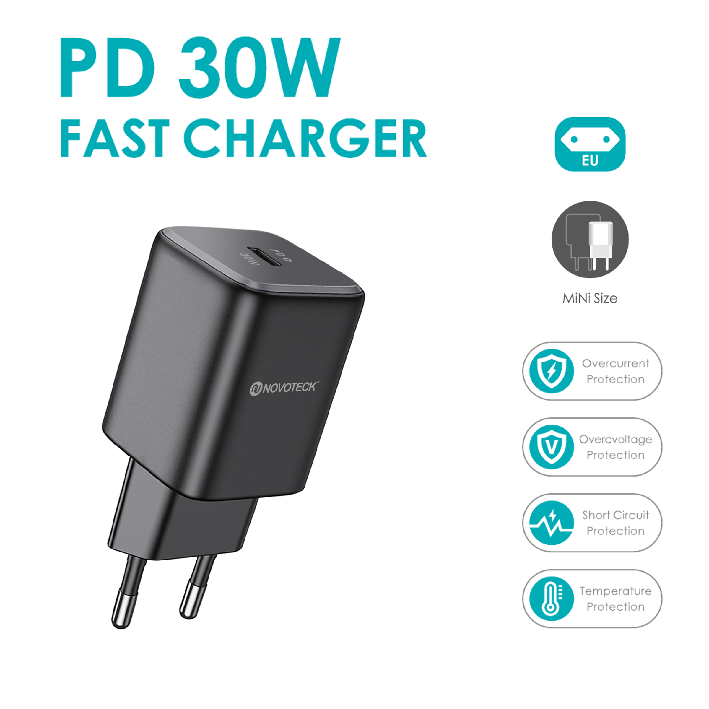 Cargador rápido PD 30W negro. Incluye enchufe de la UE, tamaño mini y funciones de protección. Fondo blanco.