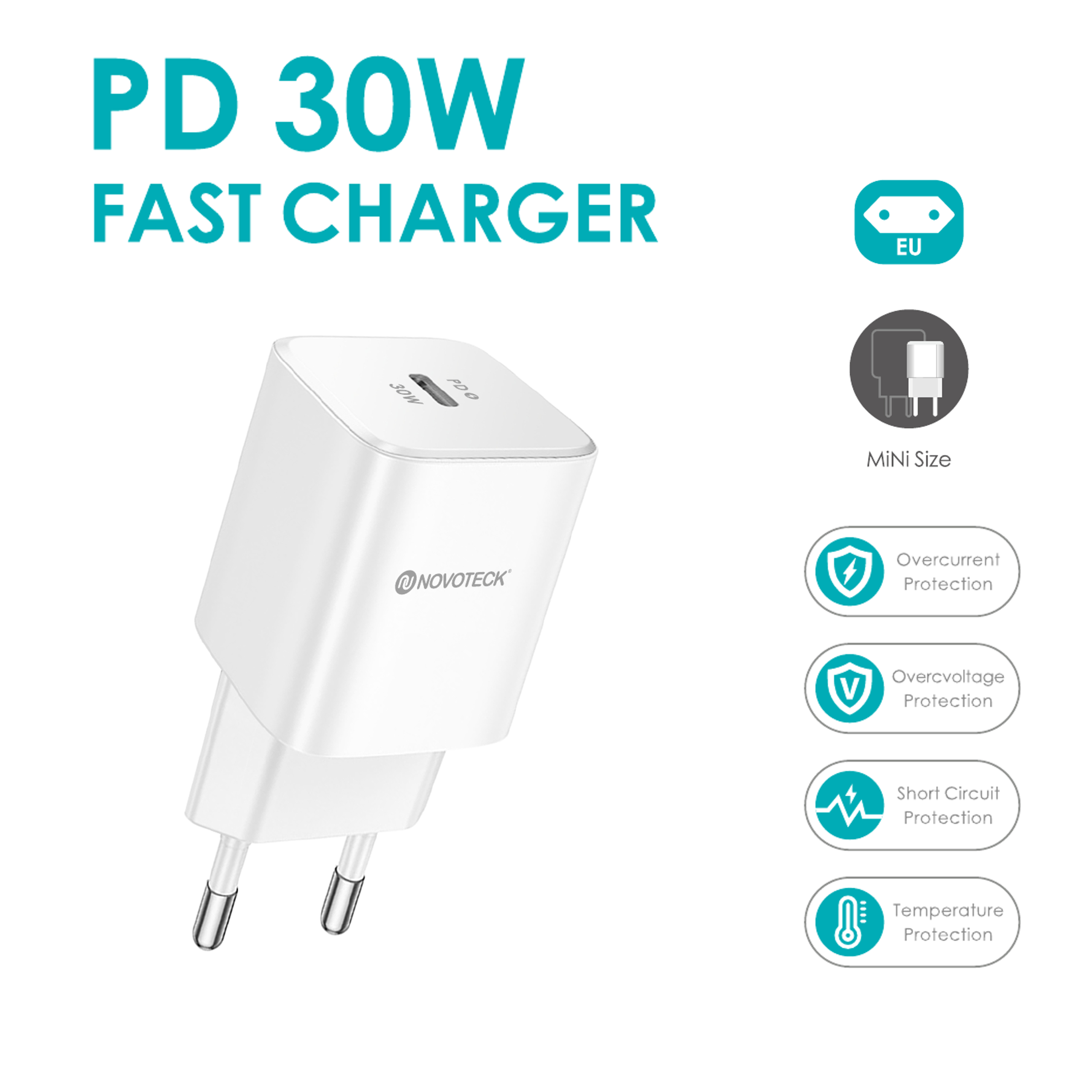 Cargador rápido Novoteck PD 30W blanco. Incluye protección contra sobrecorriente, sobretensión, cortocircuito y temperatura.