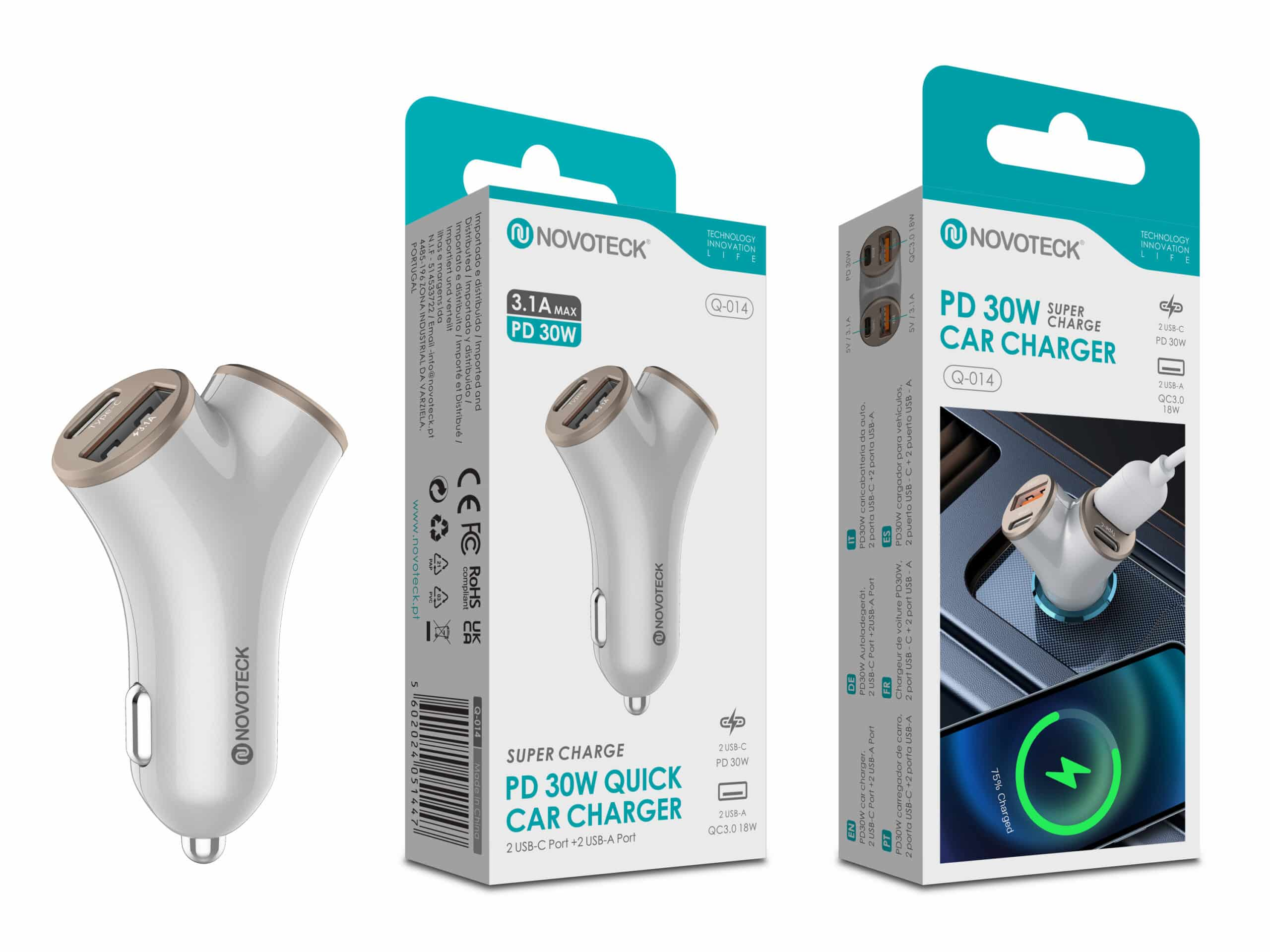 Cargador de coche con puertos, el paquete muestra el cargador y el teléfono cargando. El texto dice: PD 30W Super Charge Car Charger.