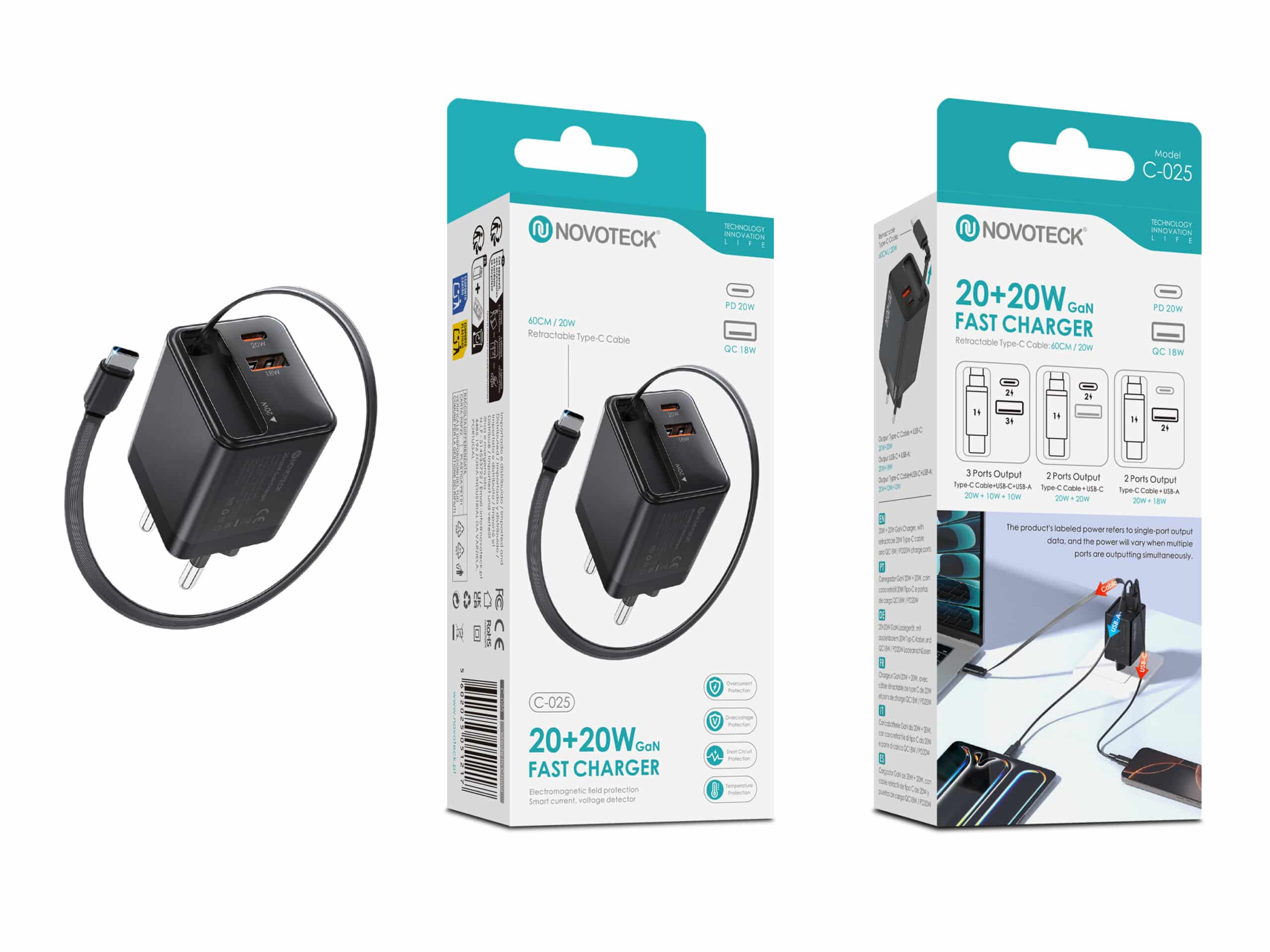 Cargador negro con dos puertos y cable, con cajas que muestran especificaciones y diagramas.