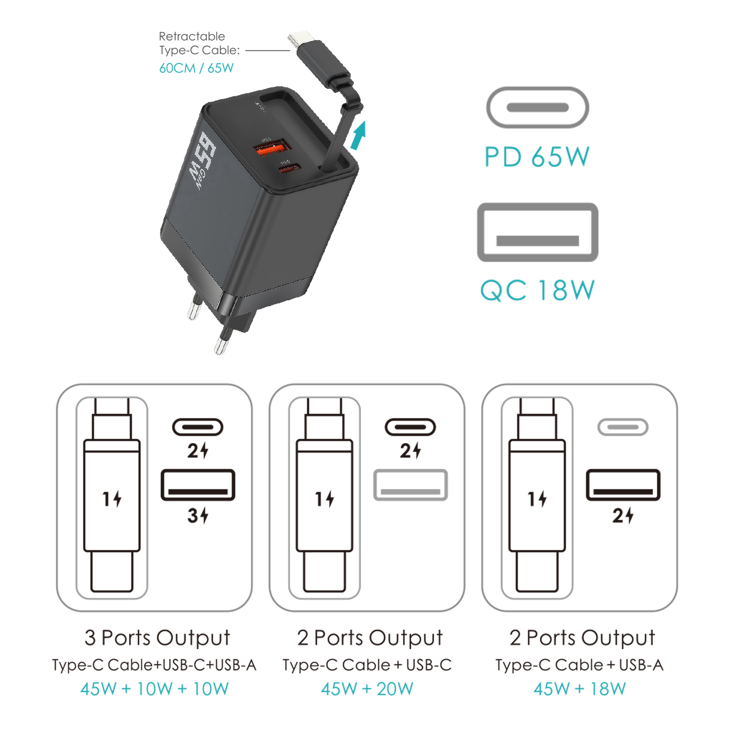 Cargador negro con cable retráctil Tipo-C, más tres opciones de puerto de salida con diferentes potencias.