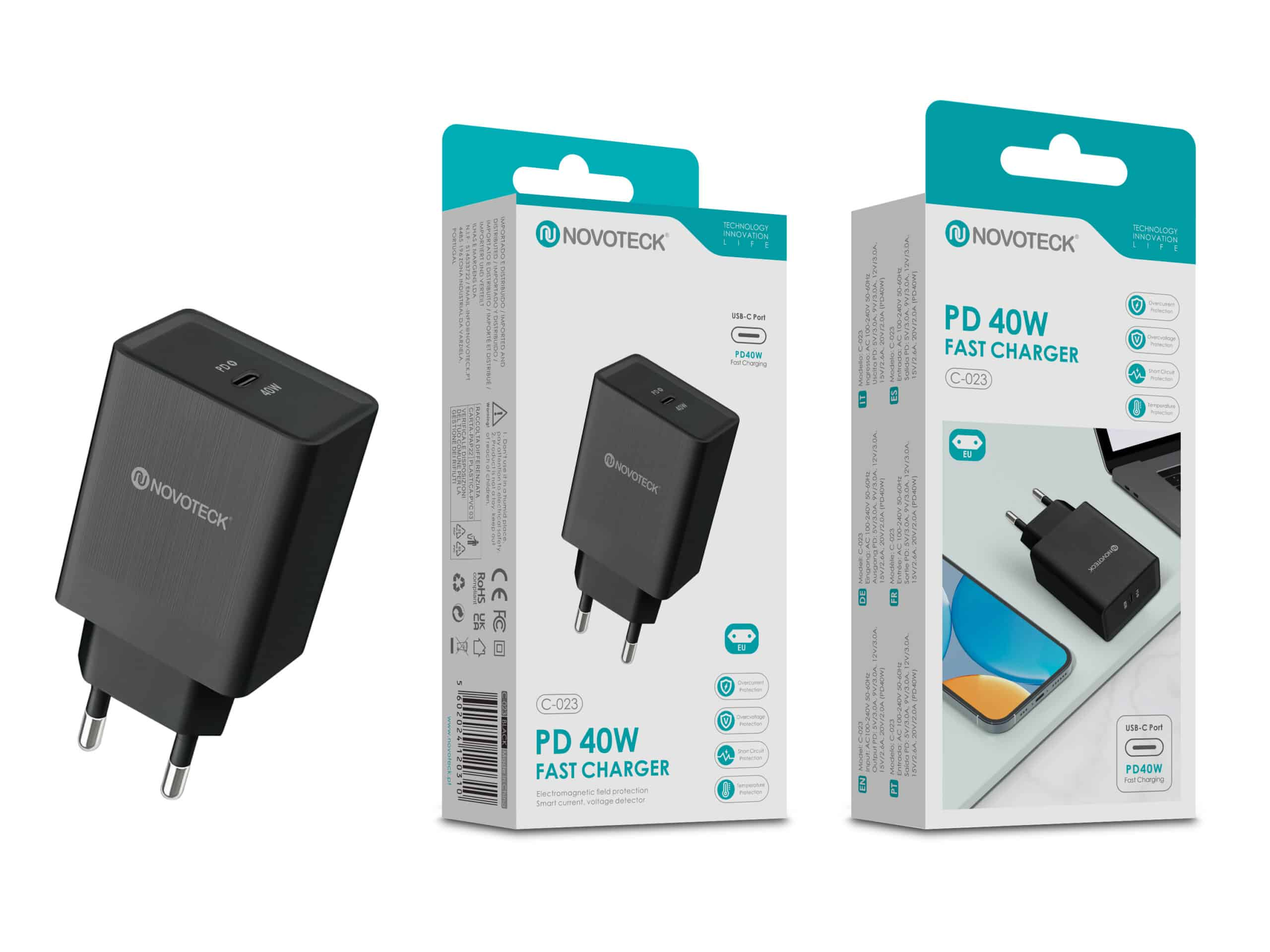 Cargador negro con puerto USB-C y dos cajas de producto, todo sobre fondo blanco, con la marca Novoteck.