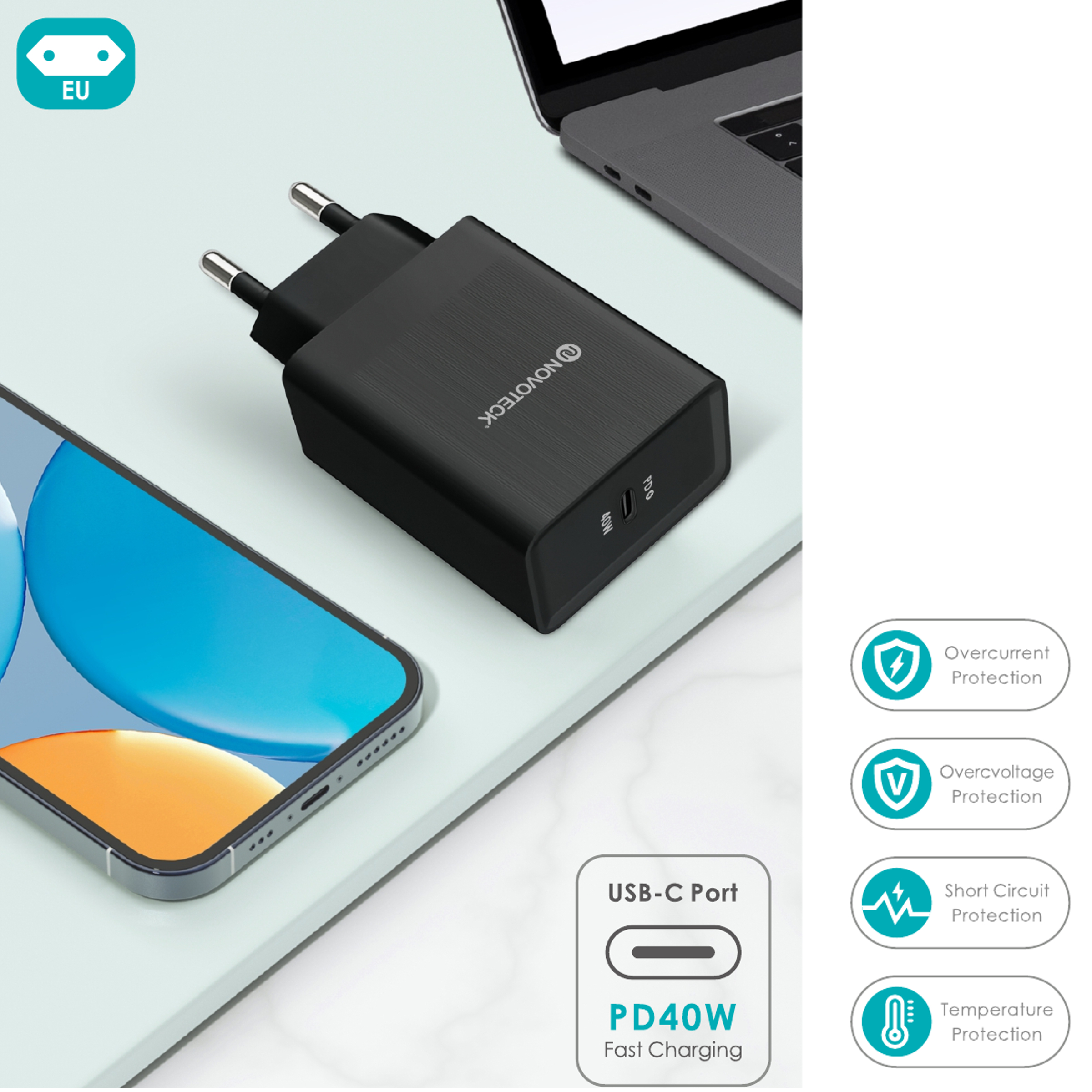 Cargador negro con enchufe EU, junto a un smartphone y un portátil. Detalles sobre carga rápida y protección.