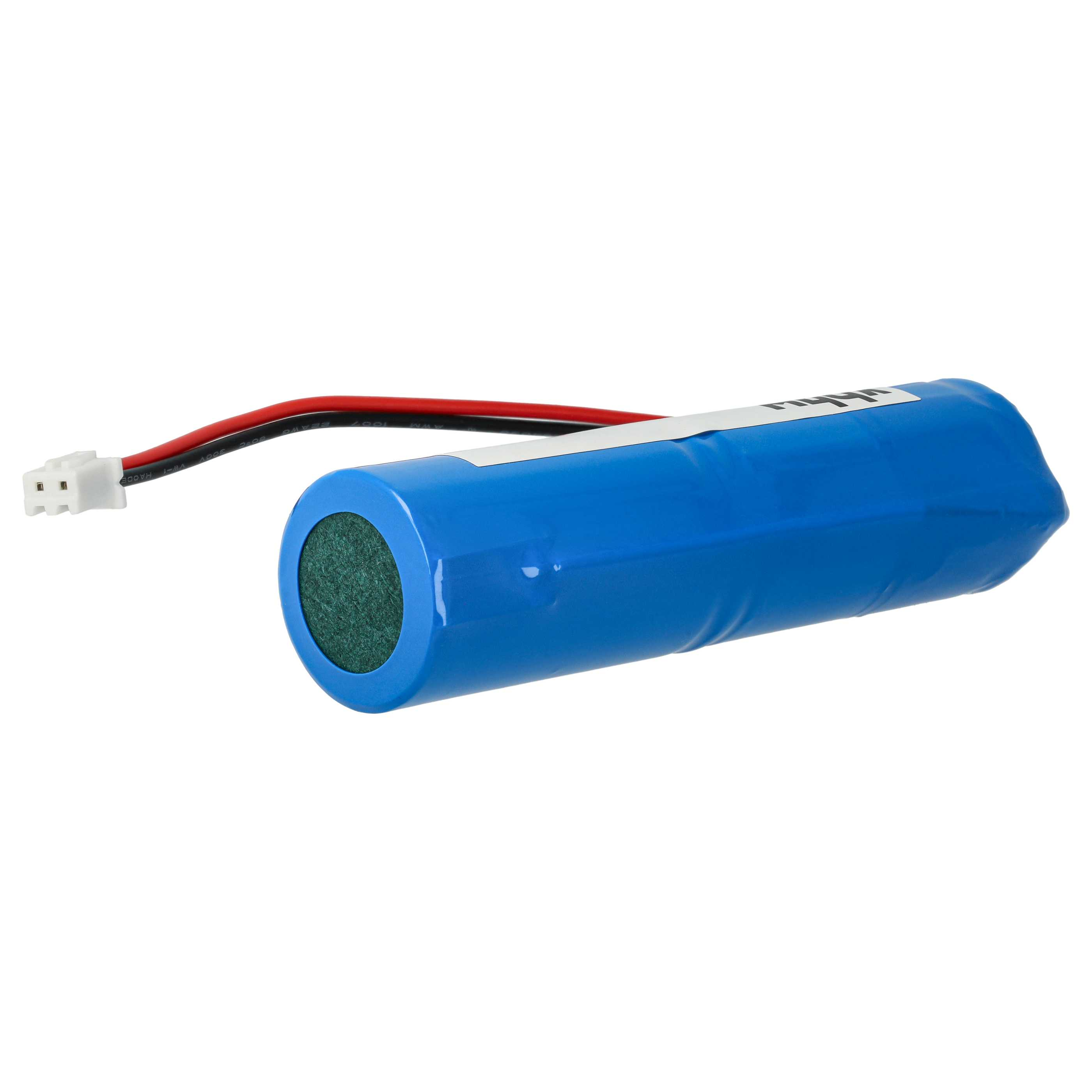 Ein blauer zylindrischer Akku mit grünem Ende und Drähten, die mit einem weißen Stecker verbunden sind.
