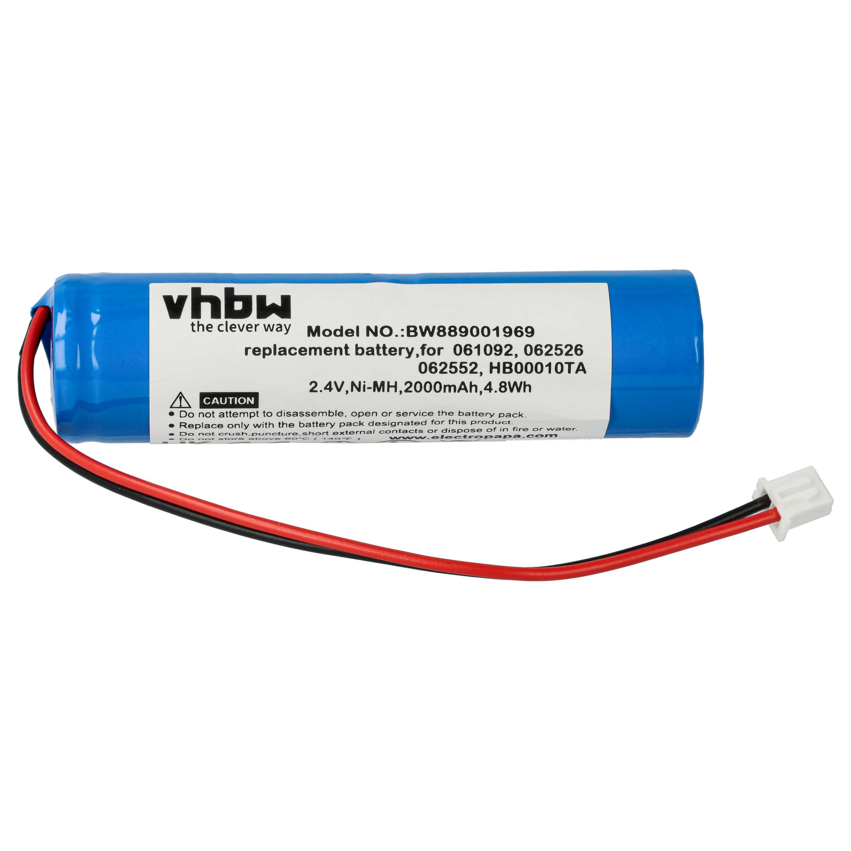Ein blauer Akku mit schwarzen und roten Drähten und einem weißen Stecker. Auf dem Akku steht vhbw und es werden Warnhinweise angezeigt.