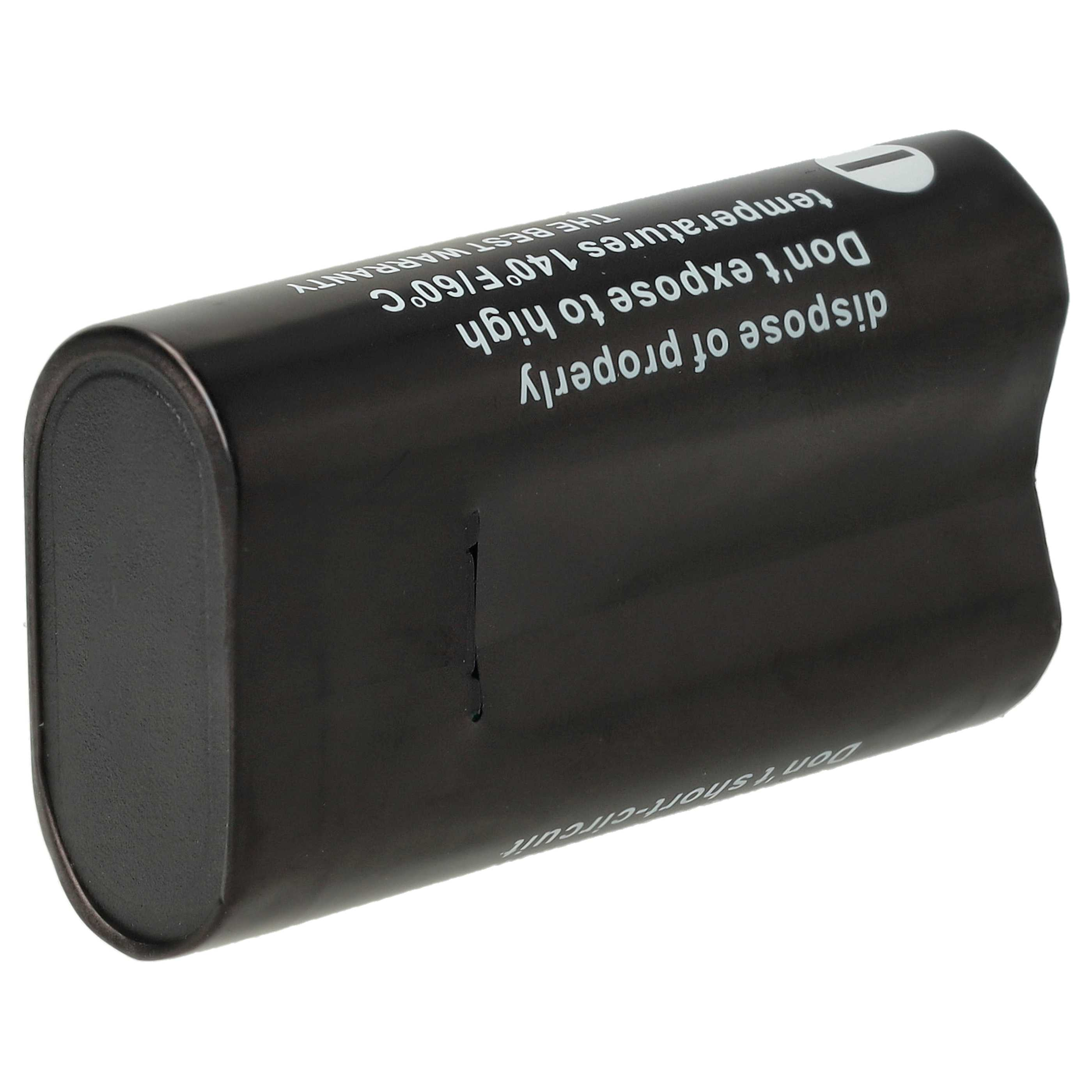 Eine schwarze zylindrische Batterie mit weißem Text. Er lautet: ordnungsgemäß entsorgen, nicht hohen Temperaturen aussetzen.