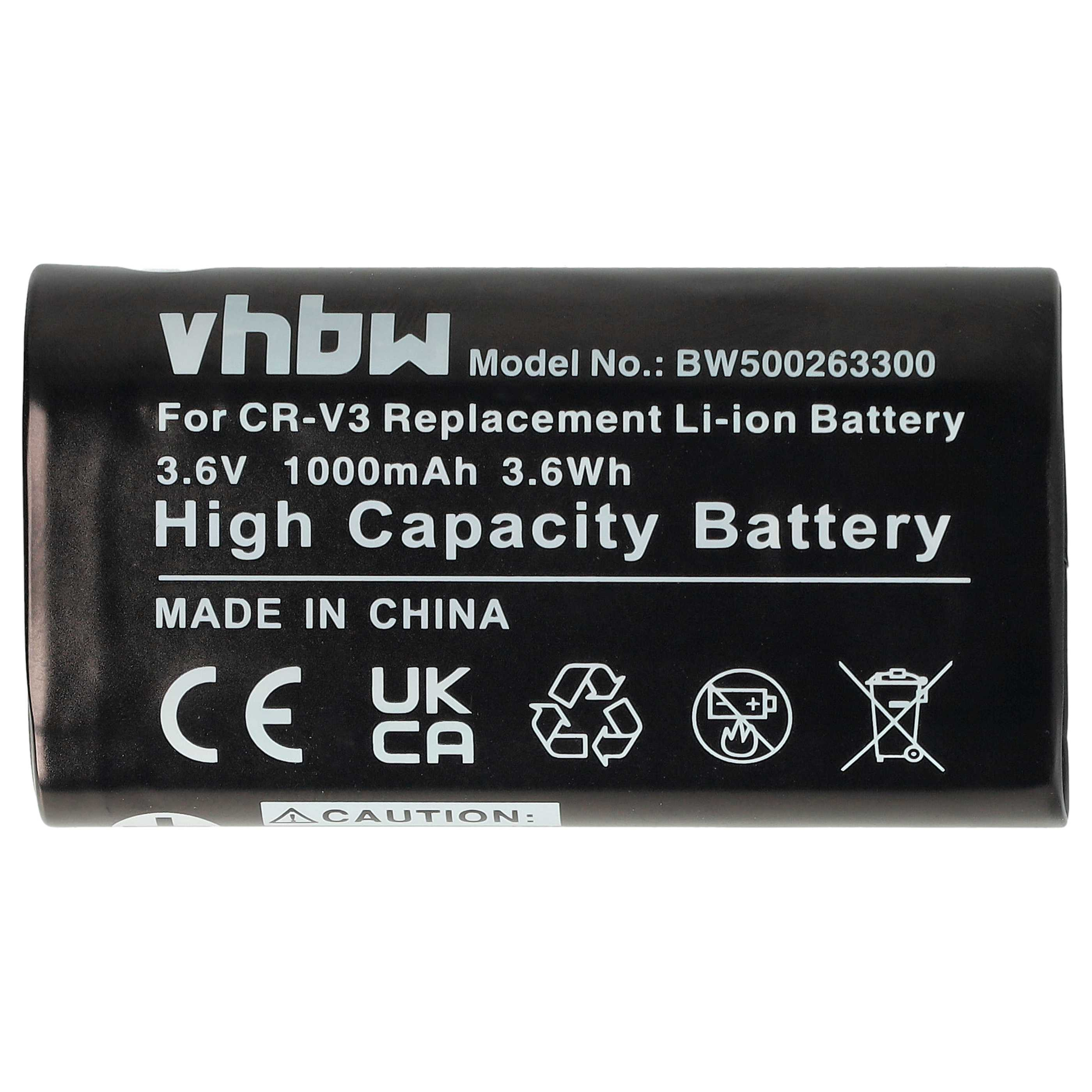 Schwarzer Akku mit weißem Text: vhbw, Modellinfo, 'High Capacity Battery', CE, Recyclingsymbole und Made in China.