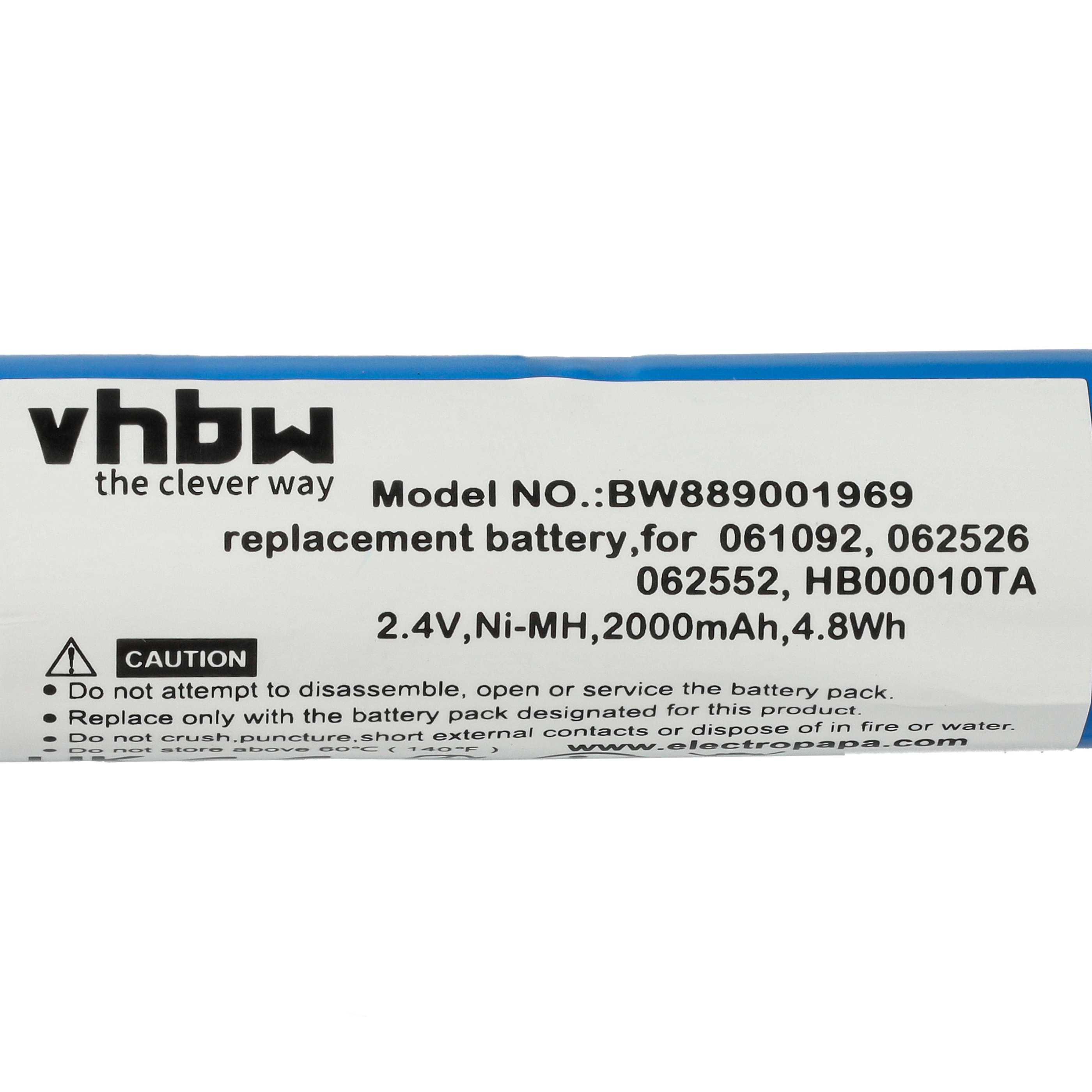 Ein weißes Etikett mit schwarzem Text zeigt Batterieinformationen. Blauer Streifen oben. Das Logo 'vhbw' ist sichtbar.