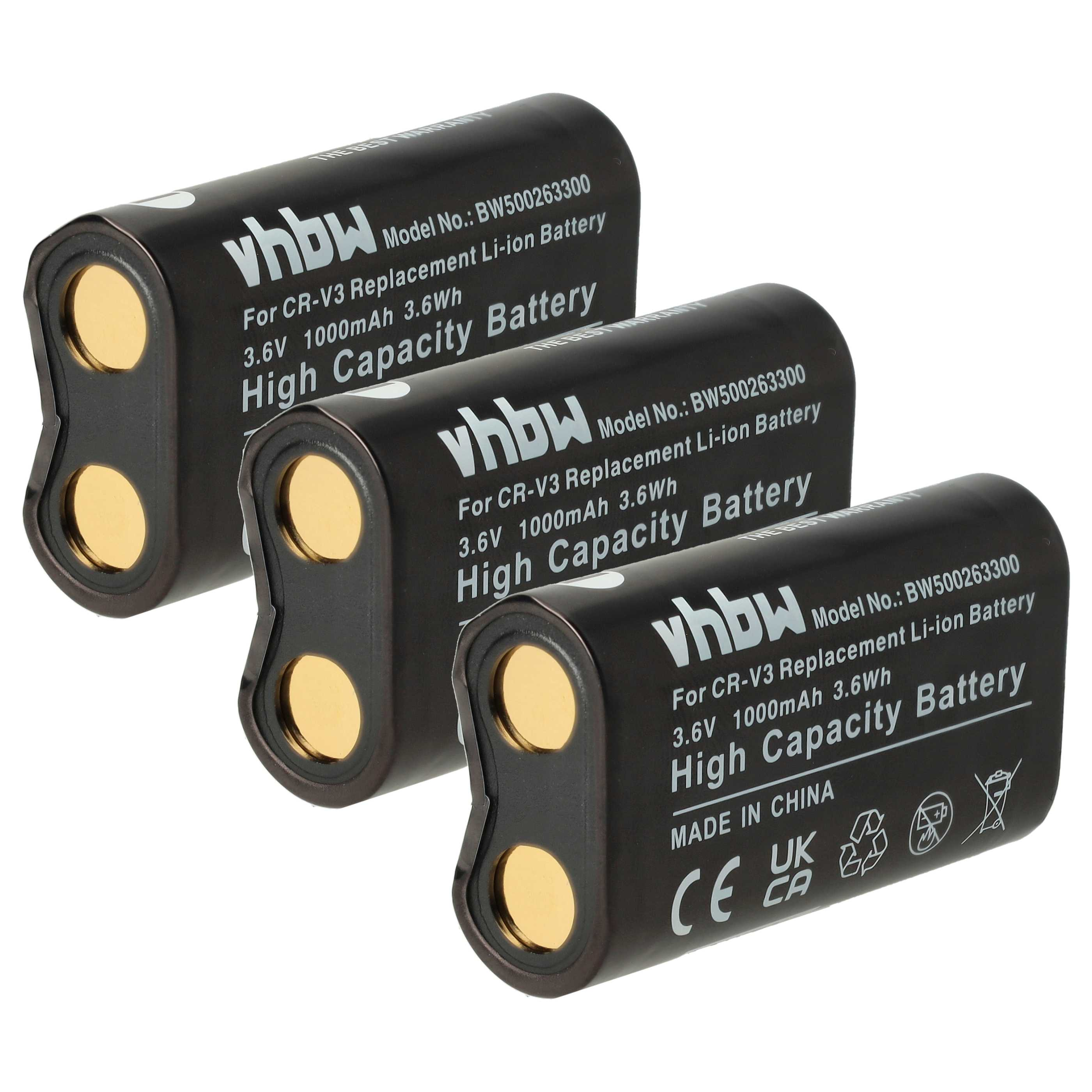 Drei schwarze Batterien mit goldenen, kreisförmigen Kontakten. Jede hat weißen Text: vhbw, Modellinfo und 'High Capacity Battery'.