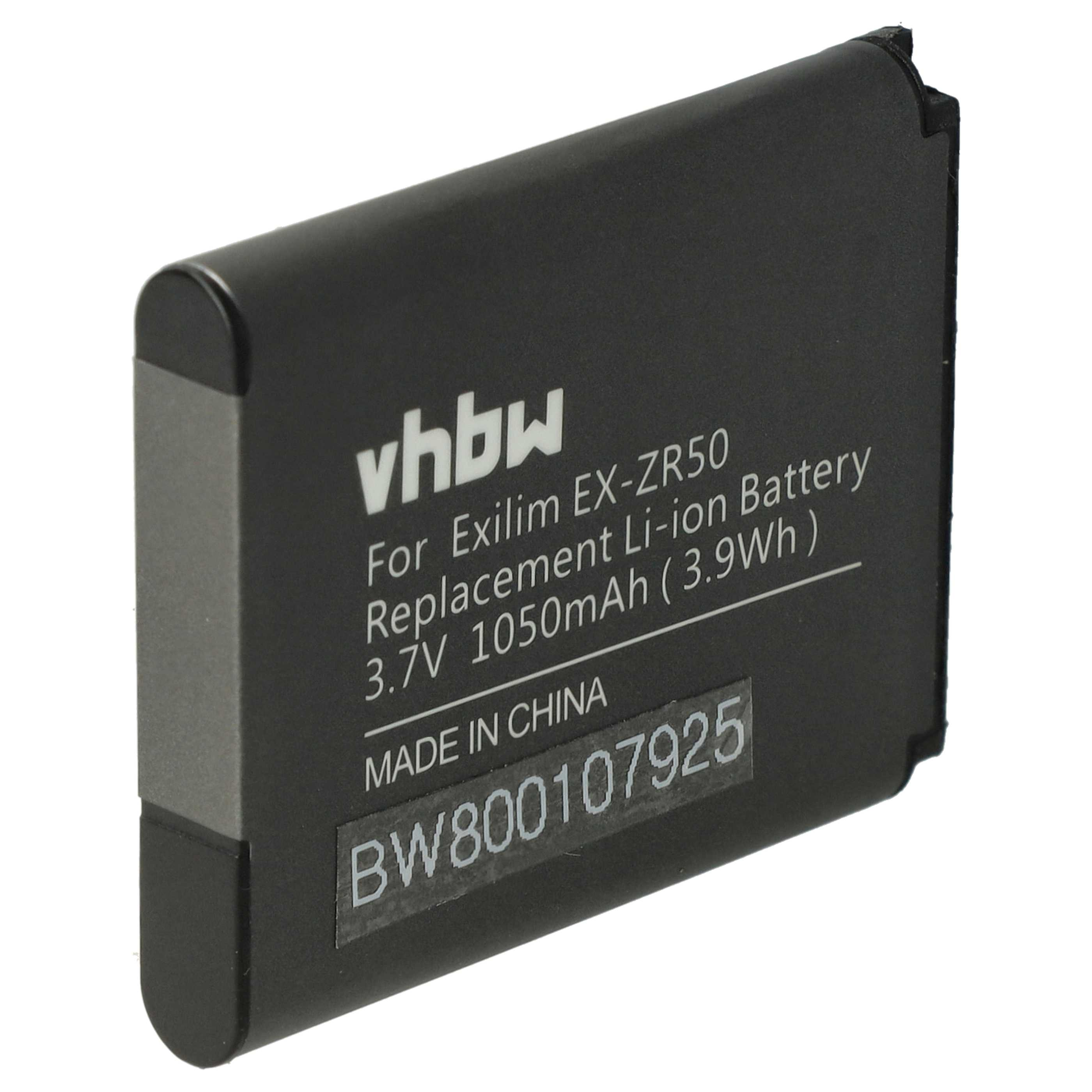Ein schwarzer Akku mit weißem Text. Er lautet 'vhbw For Exilim EX-ZR50 Replacement Li-ion Battery 3.7V 1050mAh'.