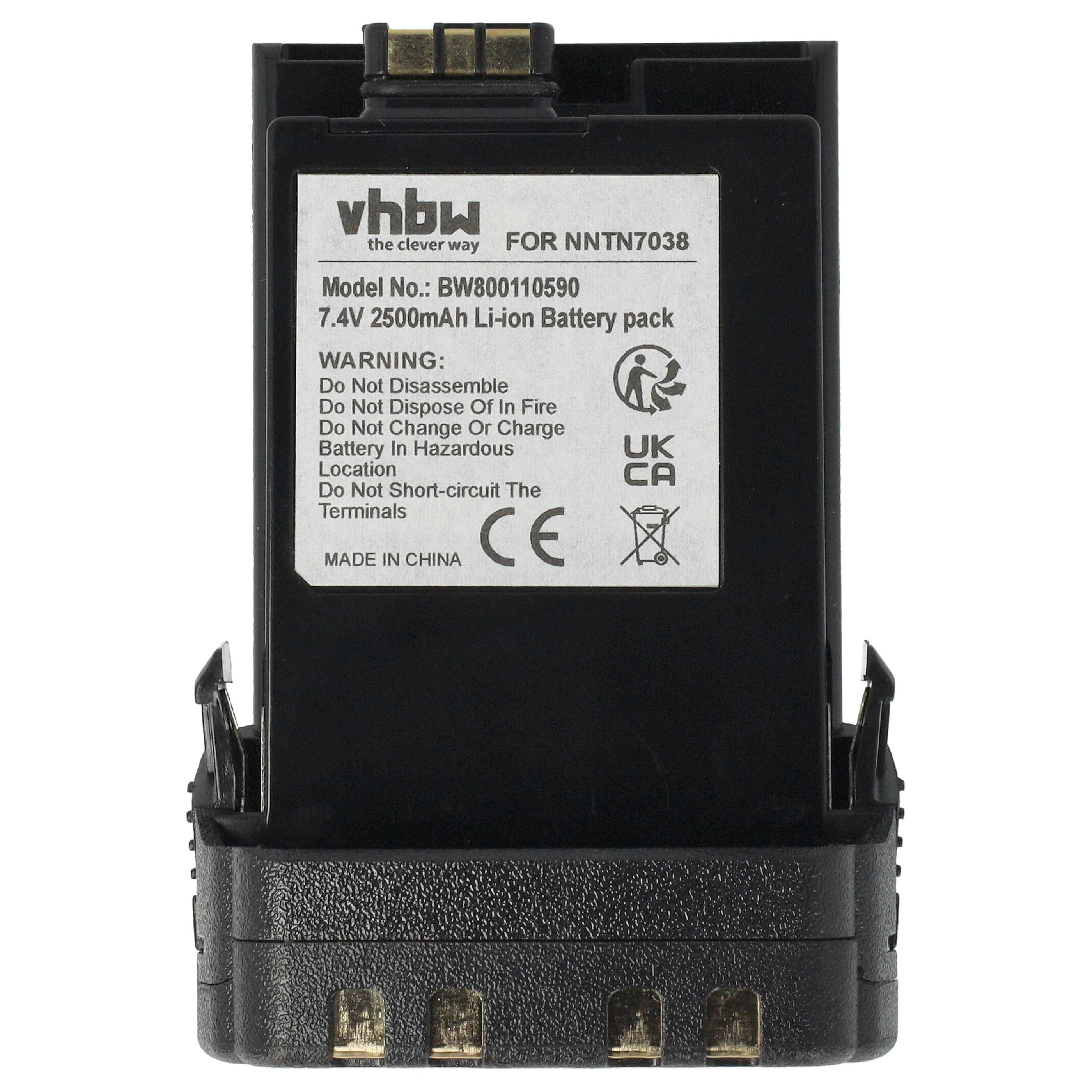 Ein schwarzer Akku mit weißem Etikett. Das Etikett enthält Text und Symbole. Es ist ein 7,4V, 2500mAh Li-Ionen-Akku.