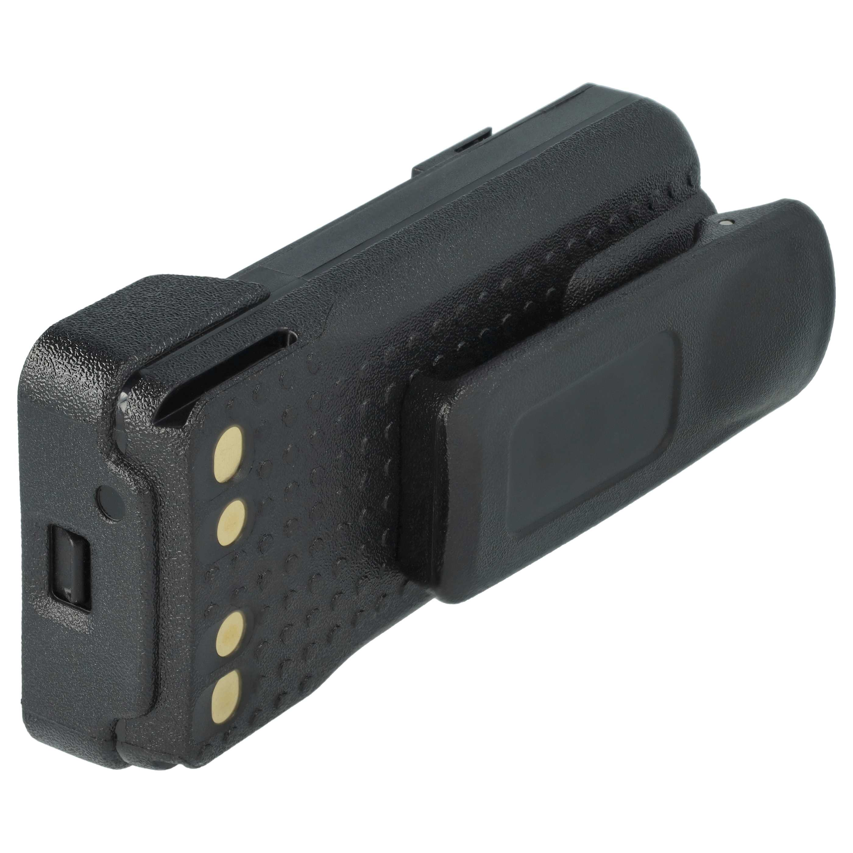 Schwarzer Walkie-Talkie-Akku mit Gürtelclip. Der Akku hat drei goldfarbene Kontaktpunkte.