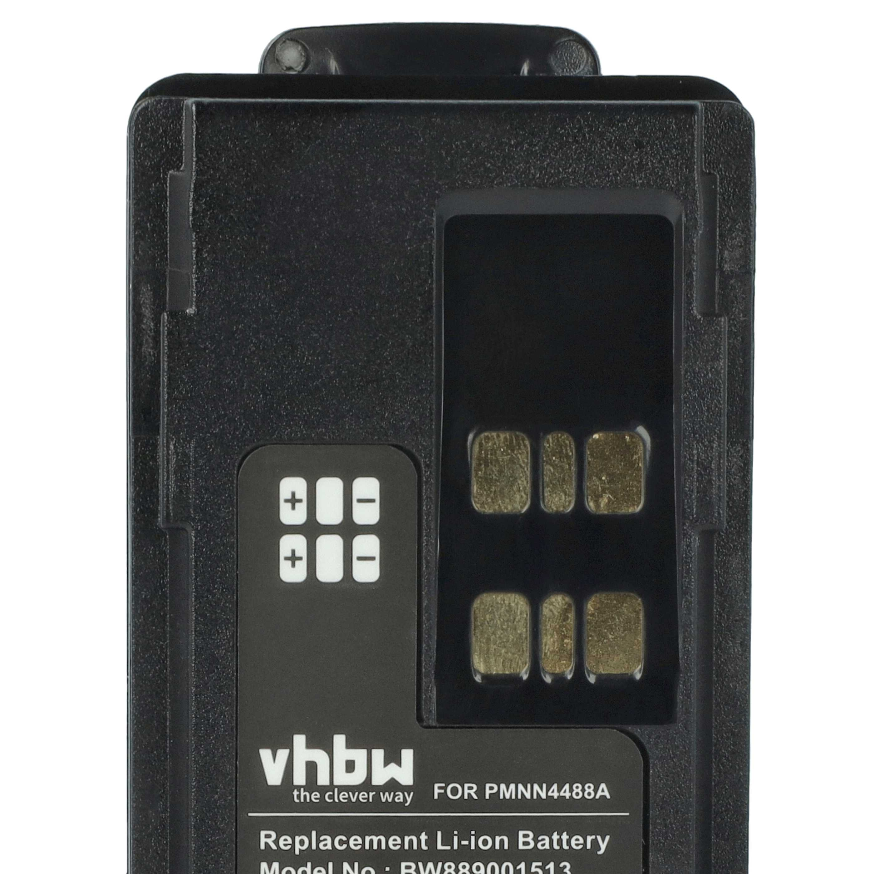 Ein schwarzes Akkupack mit Bedienfeld und goldfarbenen Kontakten. Text enthält vhbw und Modellinformationen.