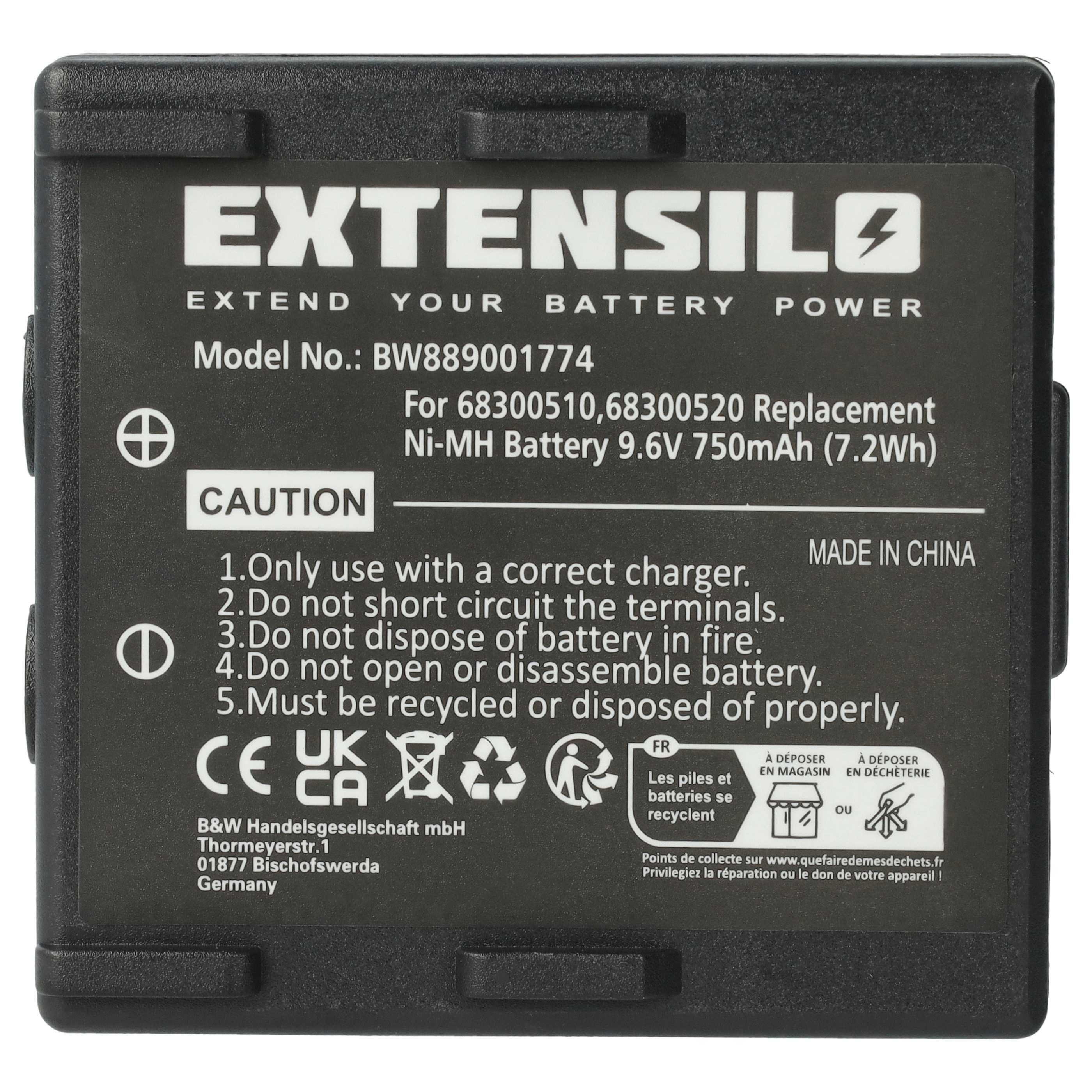 Schwarzer EXTENSILO-Akku mit Text. Er hat Warnhinweise, eine Modellnummer und Recycling-Symbole.