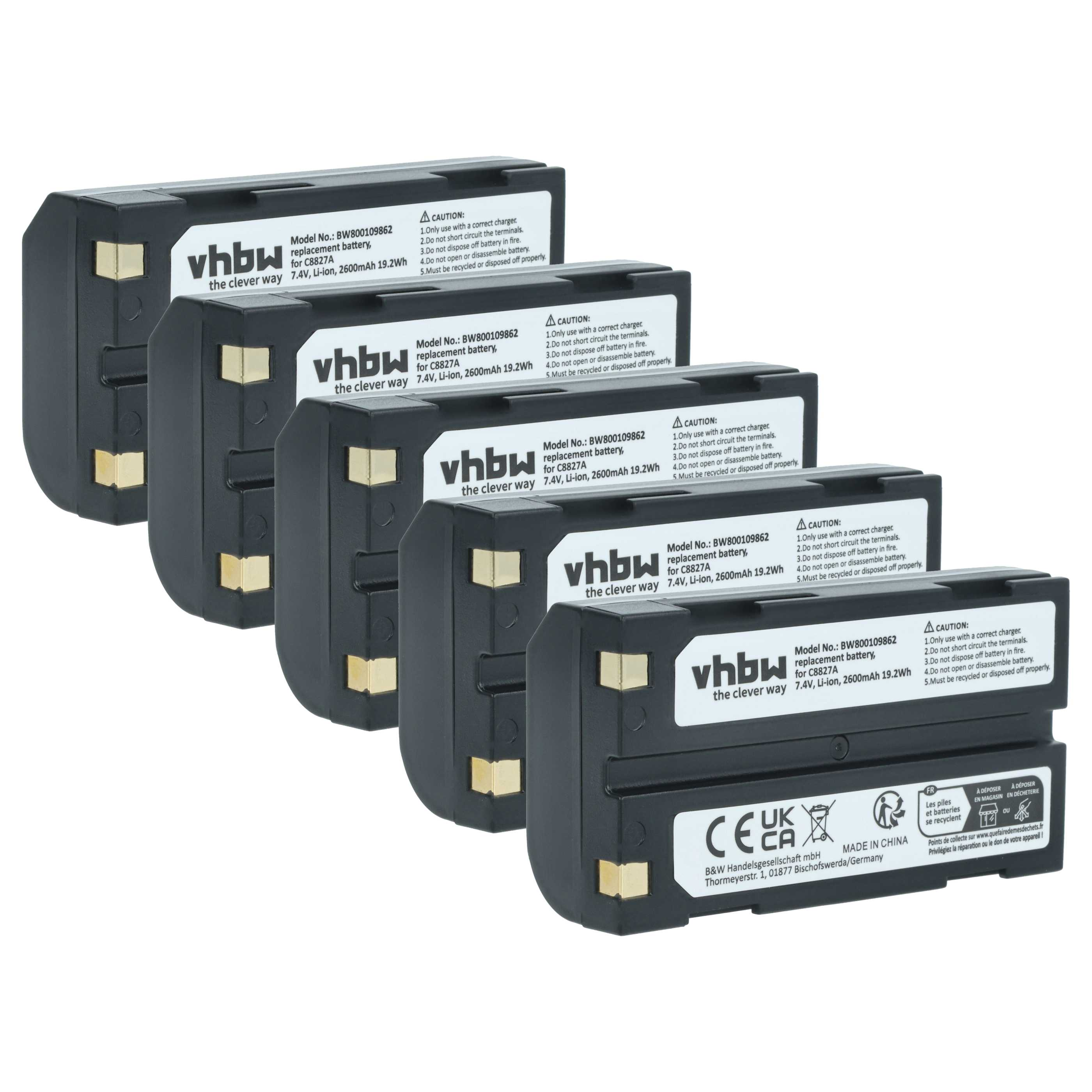 Fünf schwarze vhbw-Ersatzbatterien mit weißen Etiketten und goldenen Kontaktpunkten, gestapelt auf weißem Grund.