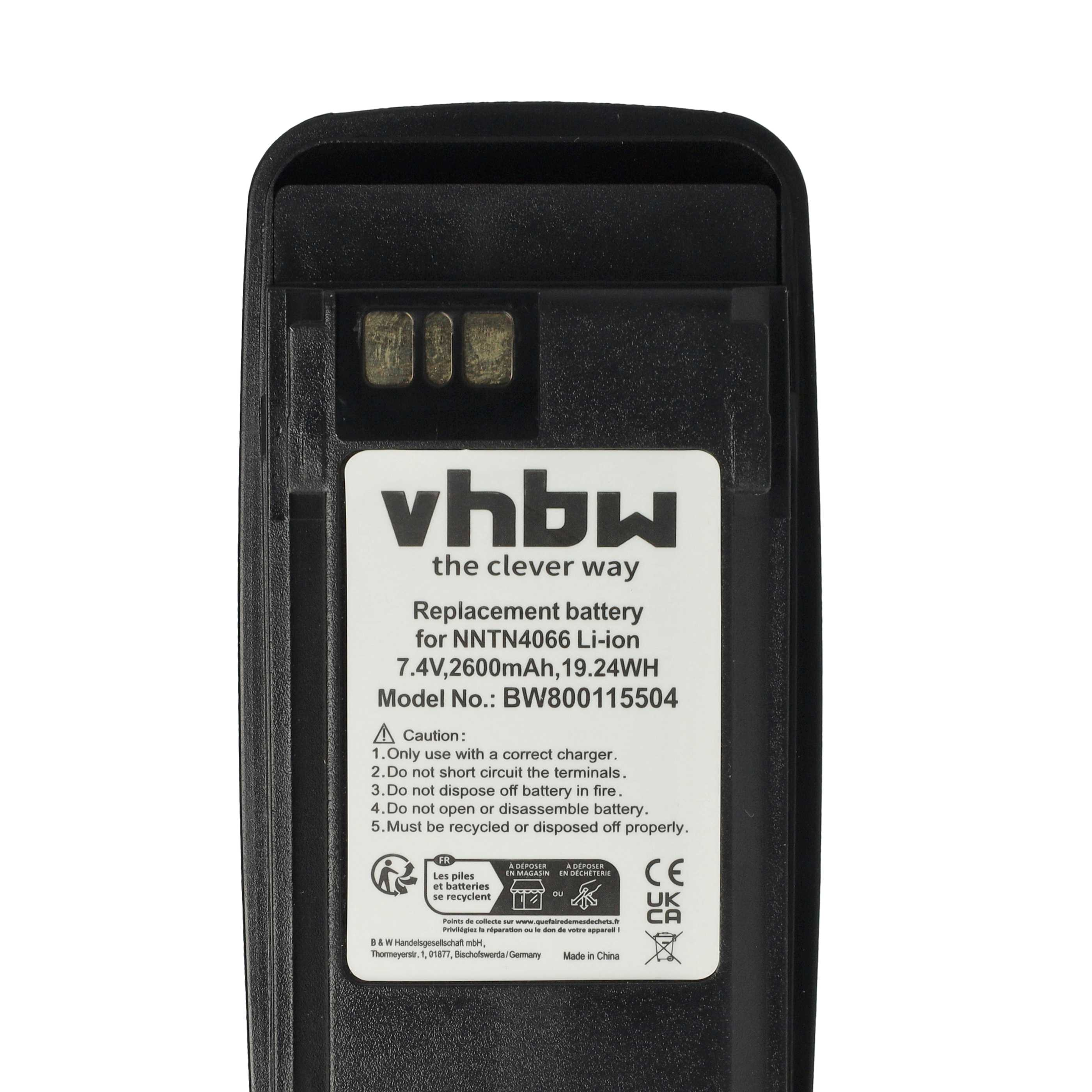 Schwarzer Akku mit weißem Etikett. Text enthält 'vhbw', 'Ersatzbatterie' und Warnhinweise. Hergestellt in China.