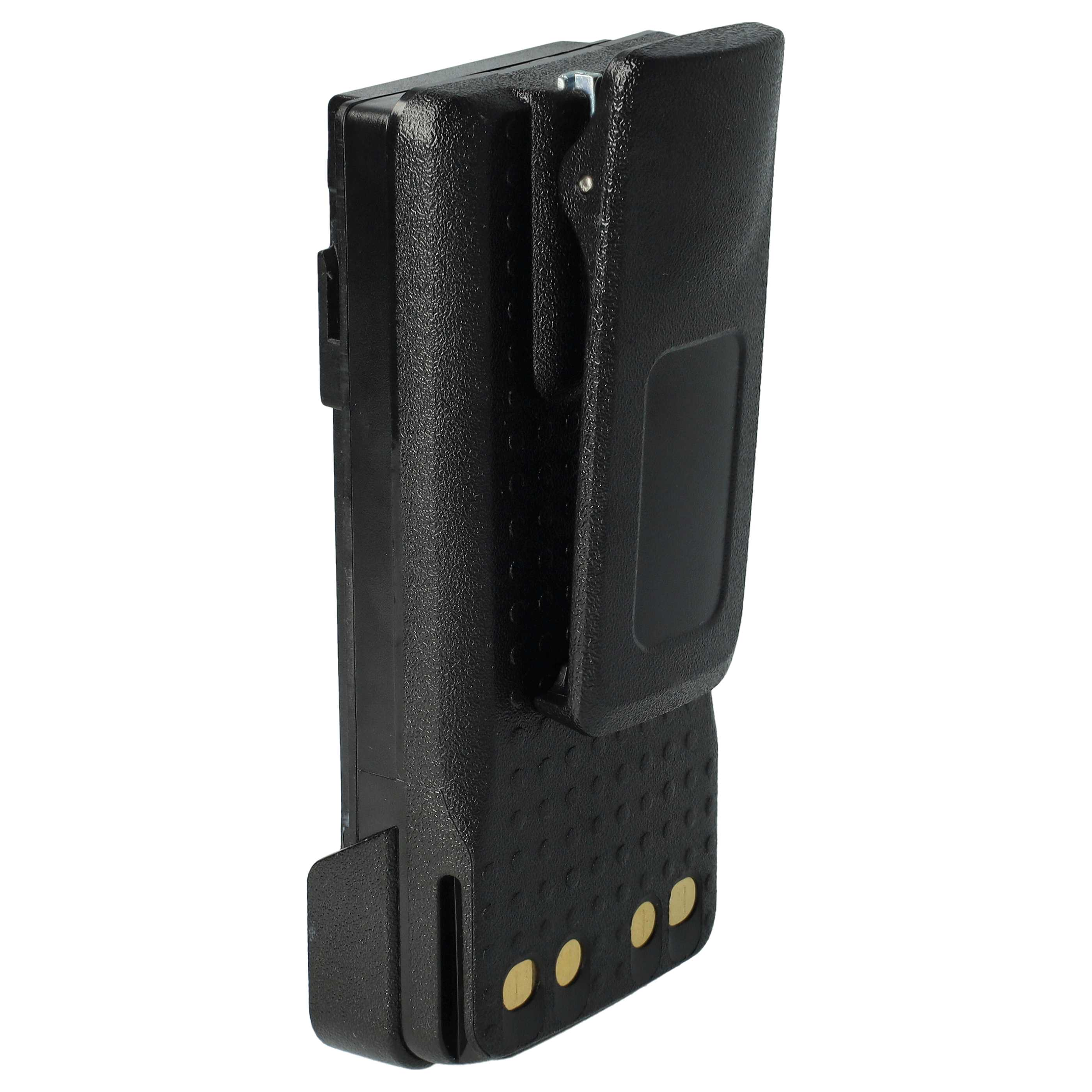 Ein schwarzes Funkgerät-Batterieladegerät mit Gürtelclip und goldenen Kontaktpunkten ist abgebildet.