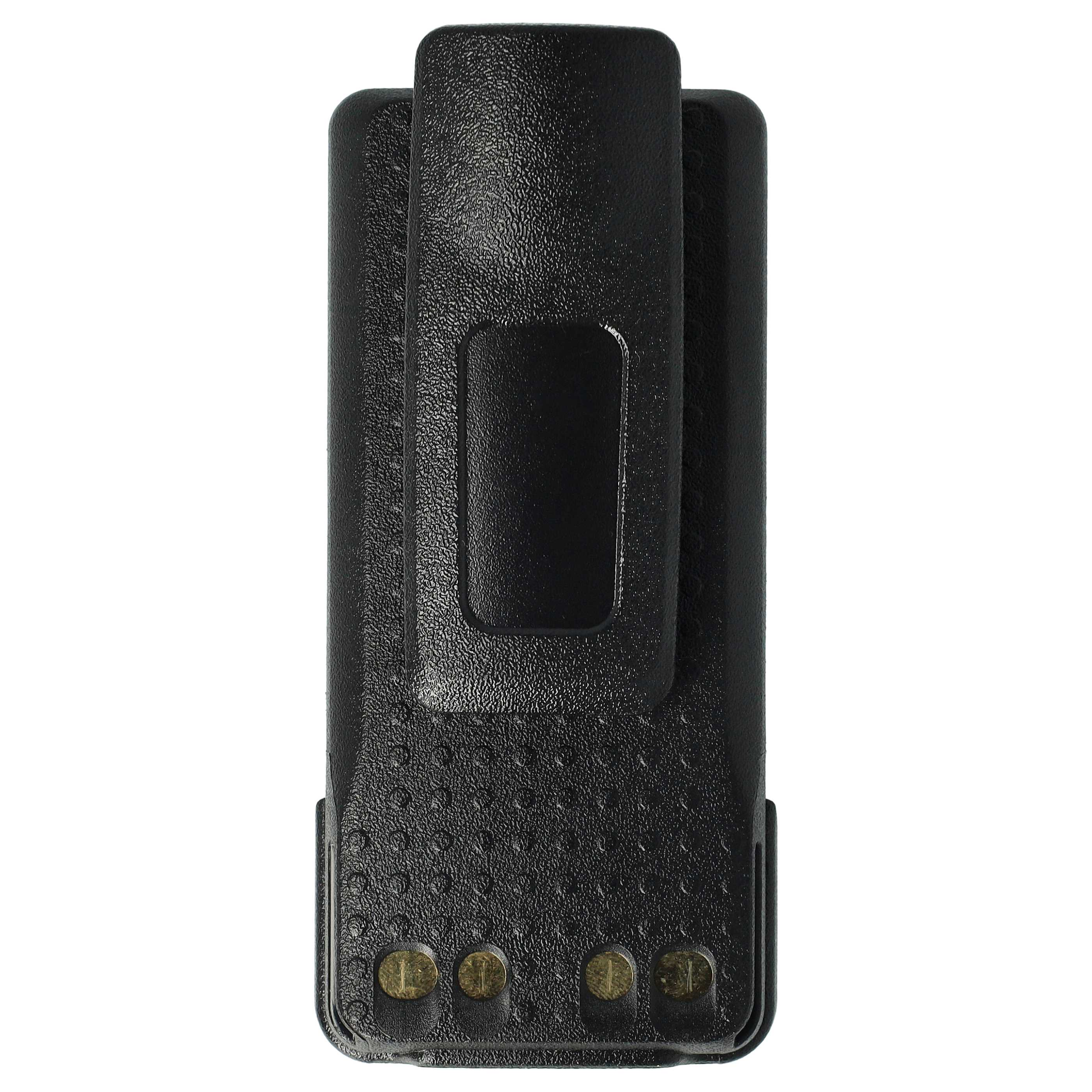 Ein schwarzes Funkgerät-Akkupack. Es hat einen Gürtelclip und vier goldfarbene Kontakte unten.