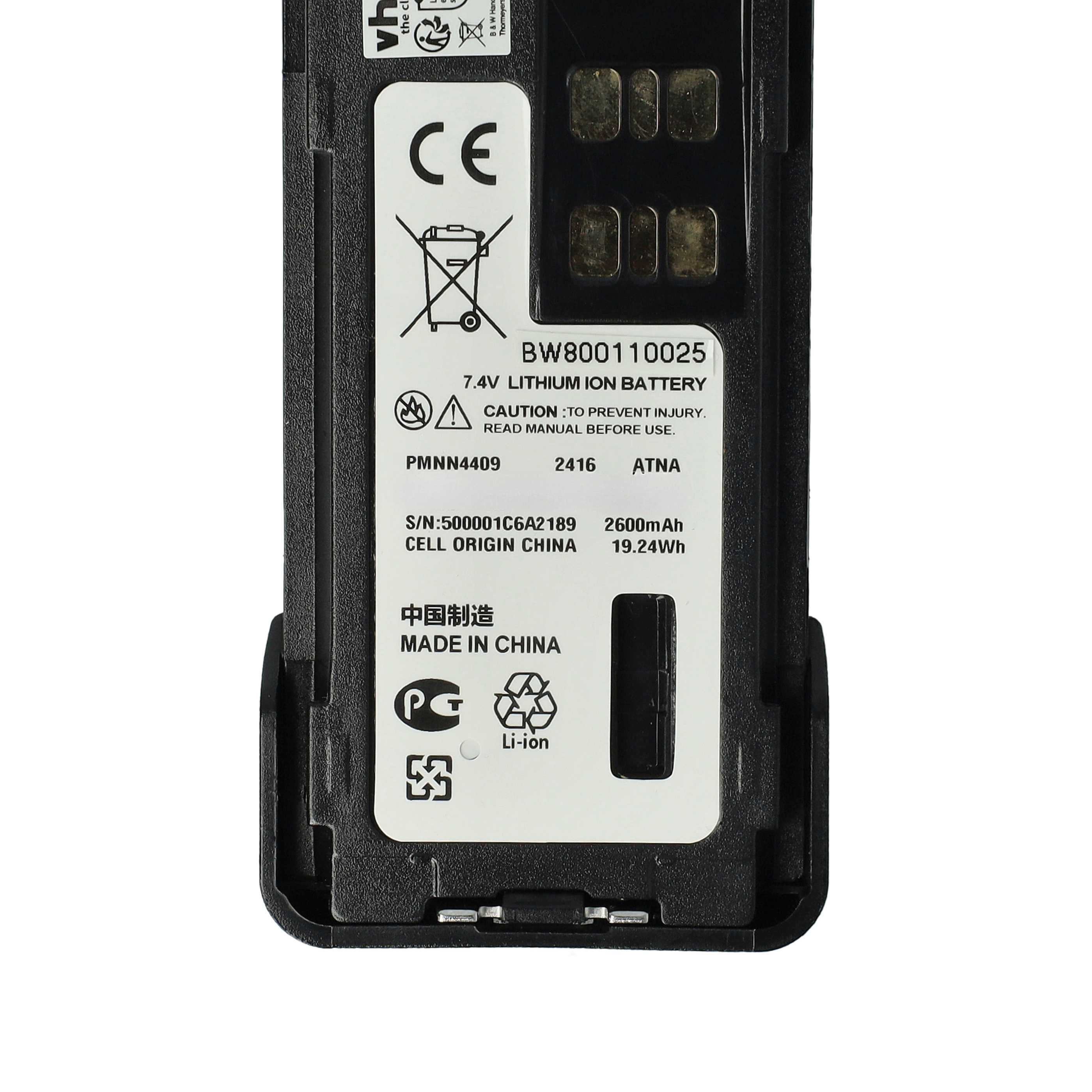 Schwarzer Lithium-Ionen-Akku mit weißem Etikett. Text: CE, BW800110025, 7,4 V, Li-Ion, Made in China.