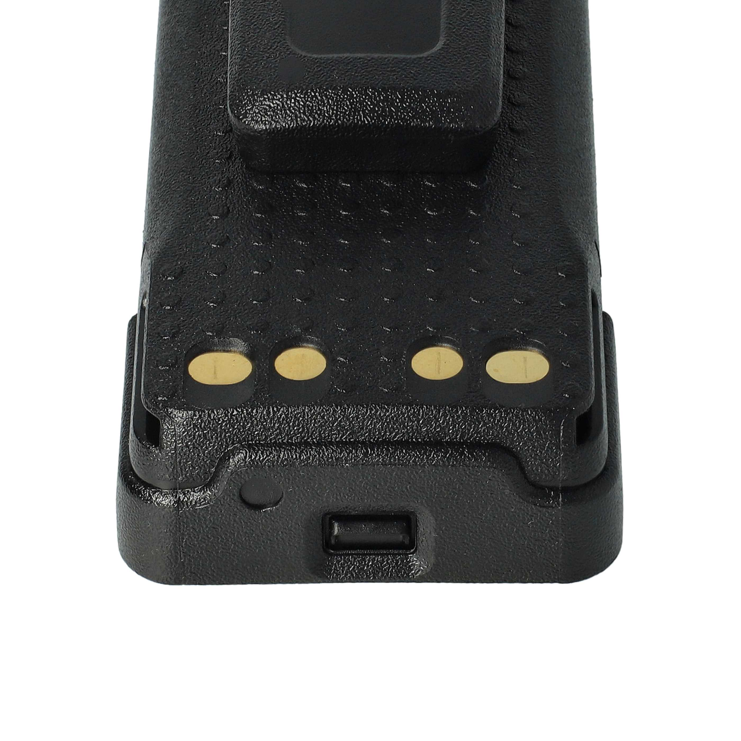 Nahaufnahme eines schwarzen Funkbatterie mit Clip. Die Batterie hat goldene Kontaktpunkte und einen USB-Anschluss.