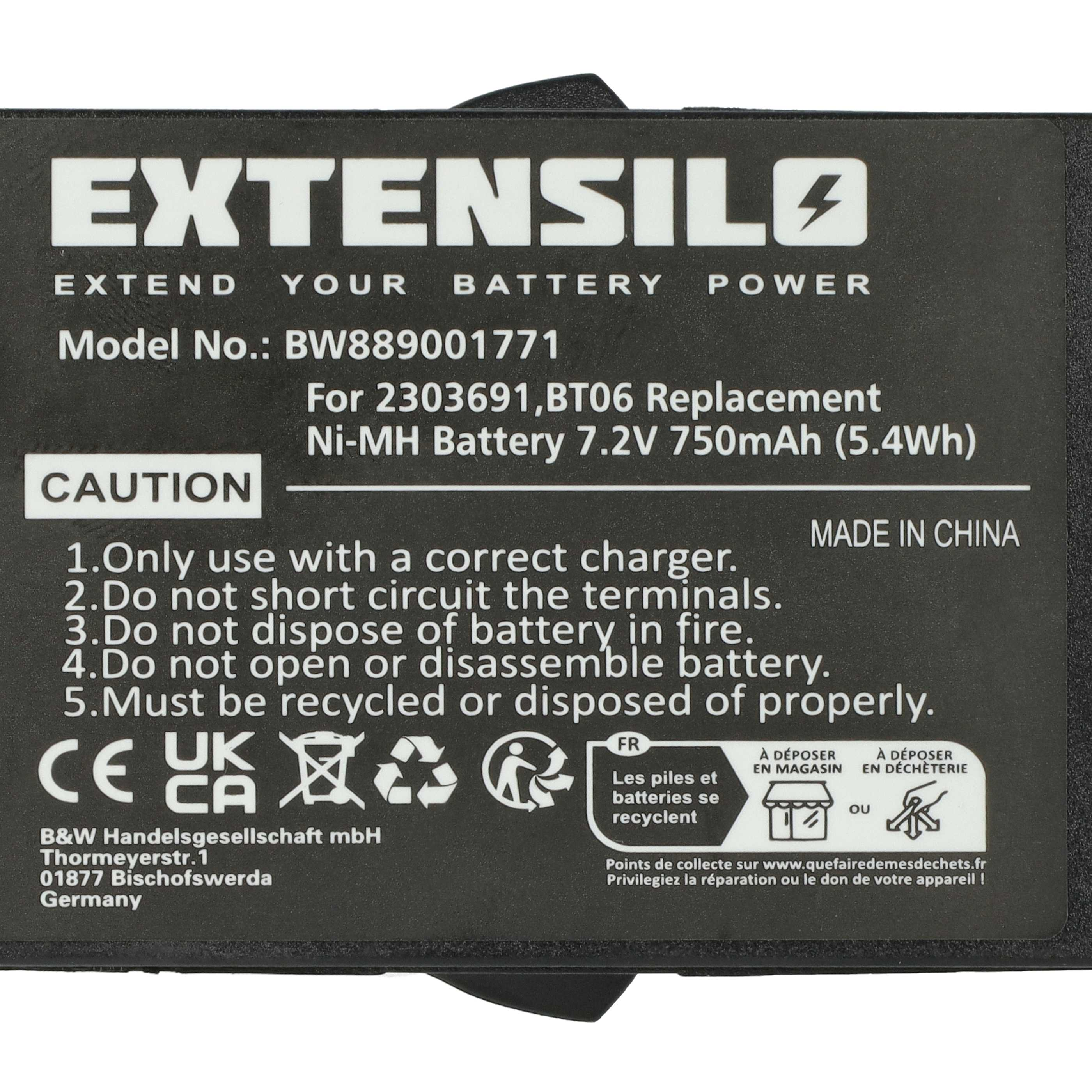 Ein schwarzes Batterieetikett mit weißem Text. Es enthält Warnungen und Recycling-Symbole.