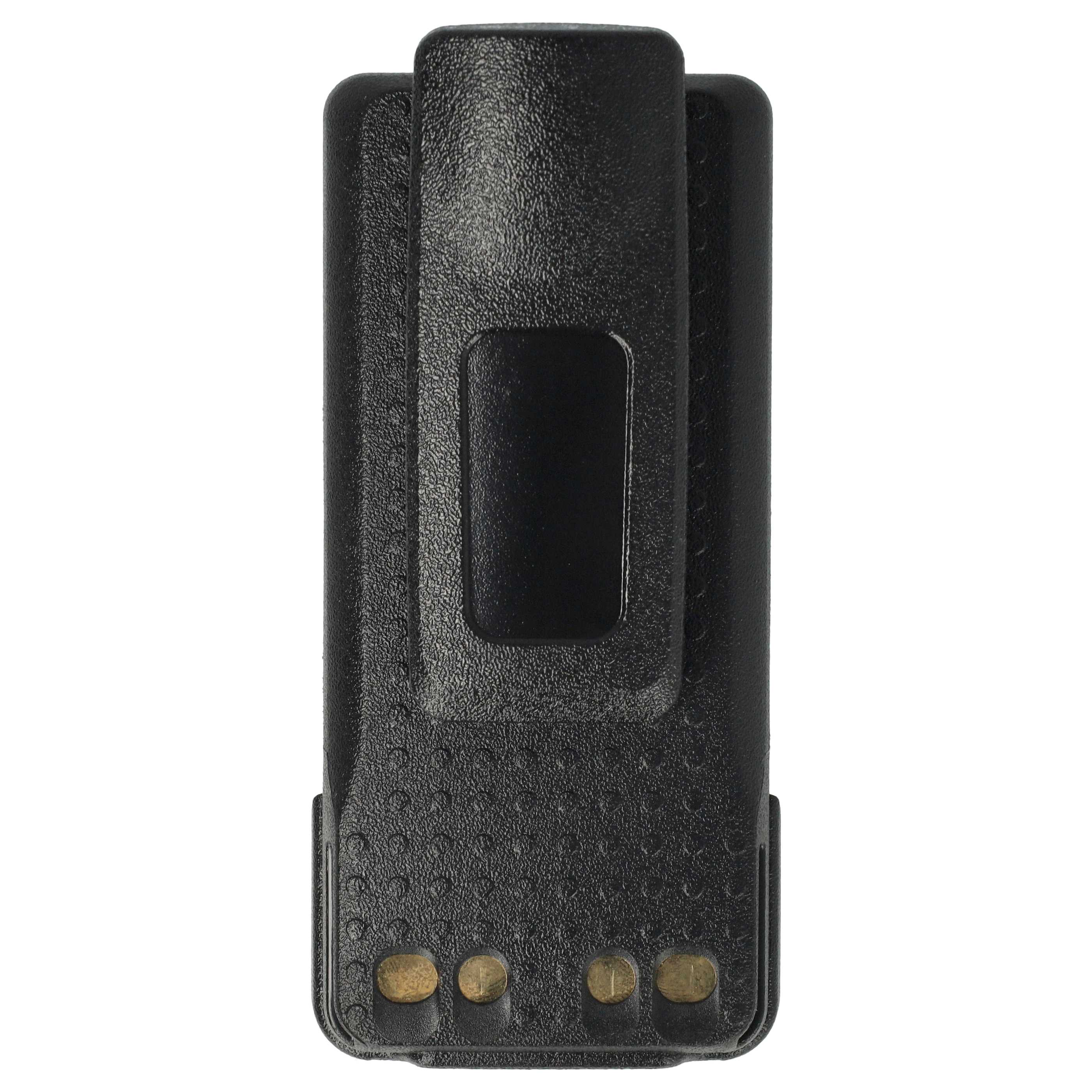 Schwarzer, rechteckiger Funkgeräte-Akkupack. Merkmale sind ein Gürtelclip und vier goldfarbene Kontakte an der Basis.