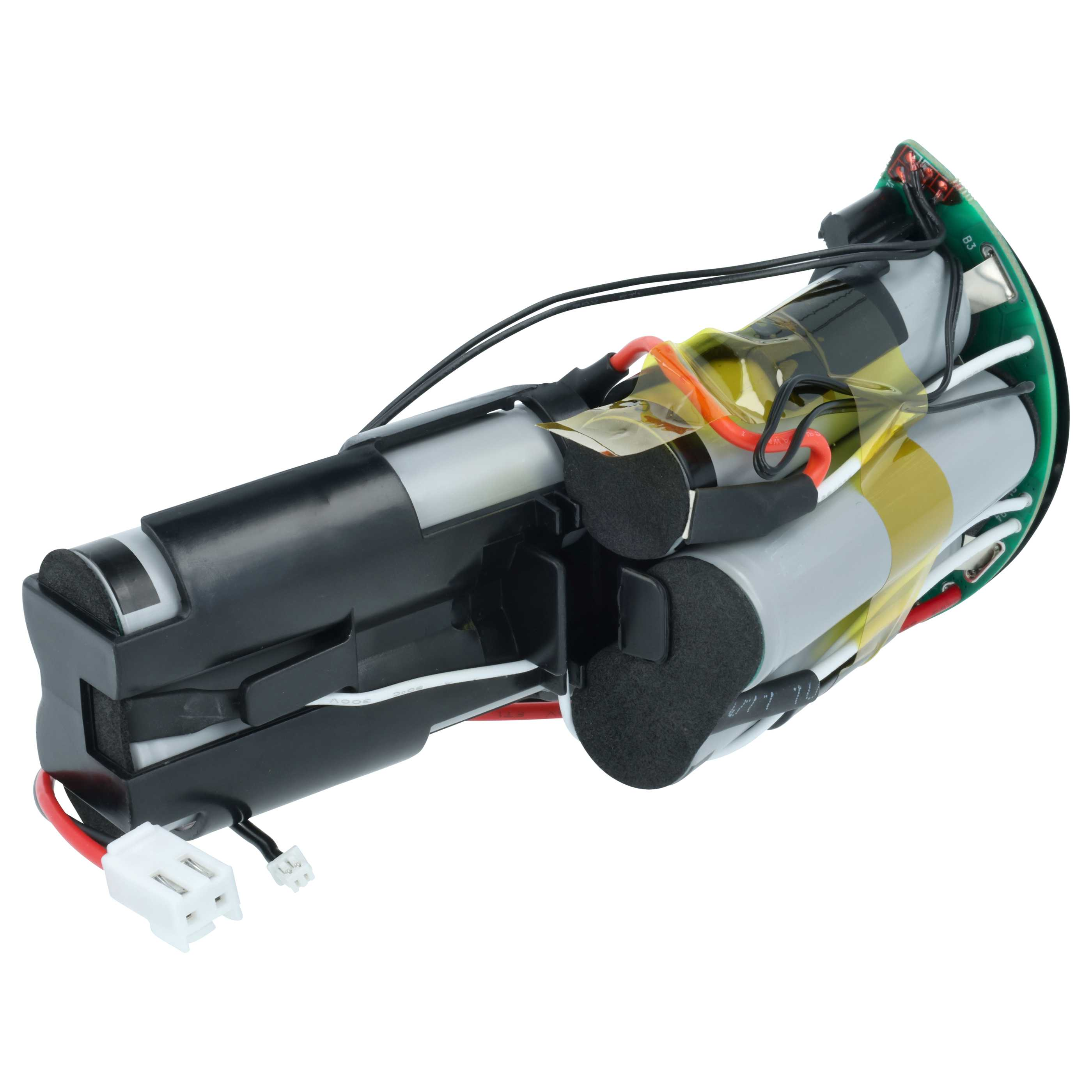 Zerlegtes schwarzes und graues elektronisches Gerät mit Drähten und Leiterplatte. Weißer Hintergrund.