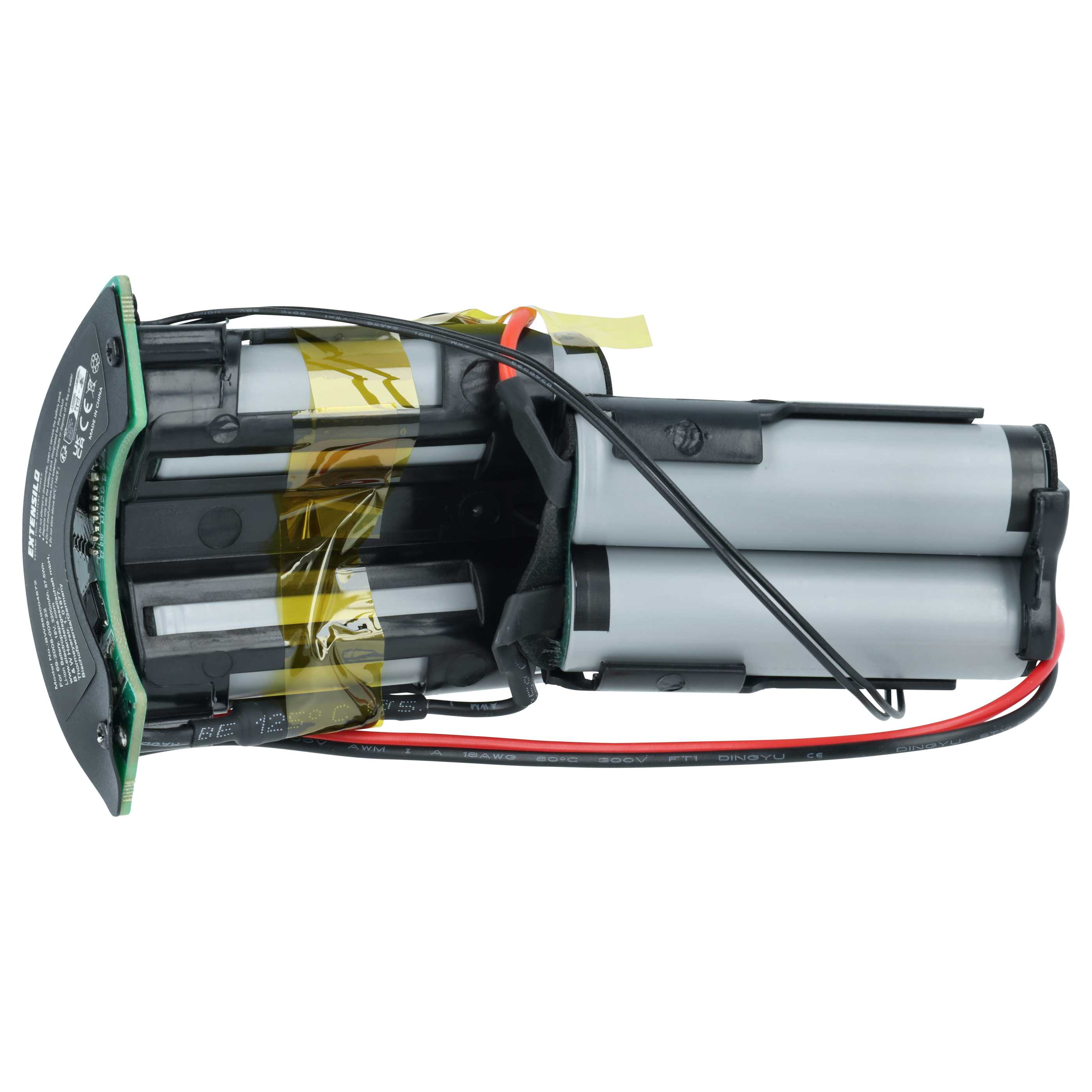 Ein Gerät mit zylindrischen Batterien, die mit schwarzem Kunststoff und Klebeband zusammengehalten werden, mit angebrachten Drähten.