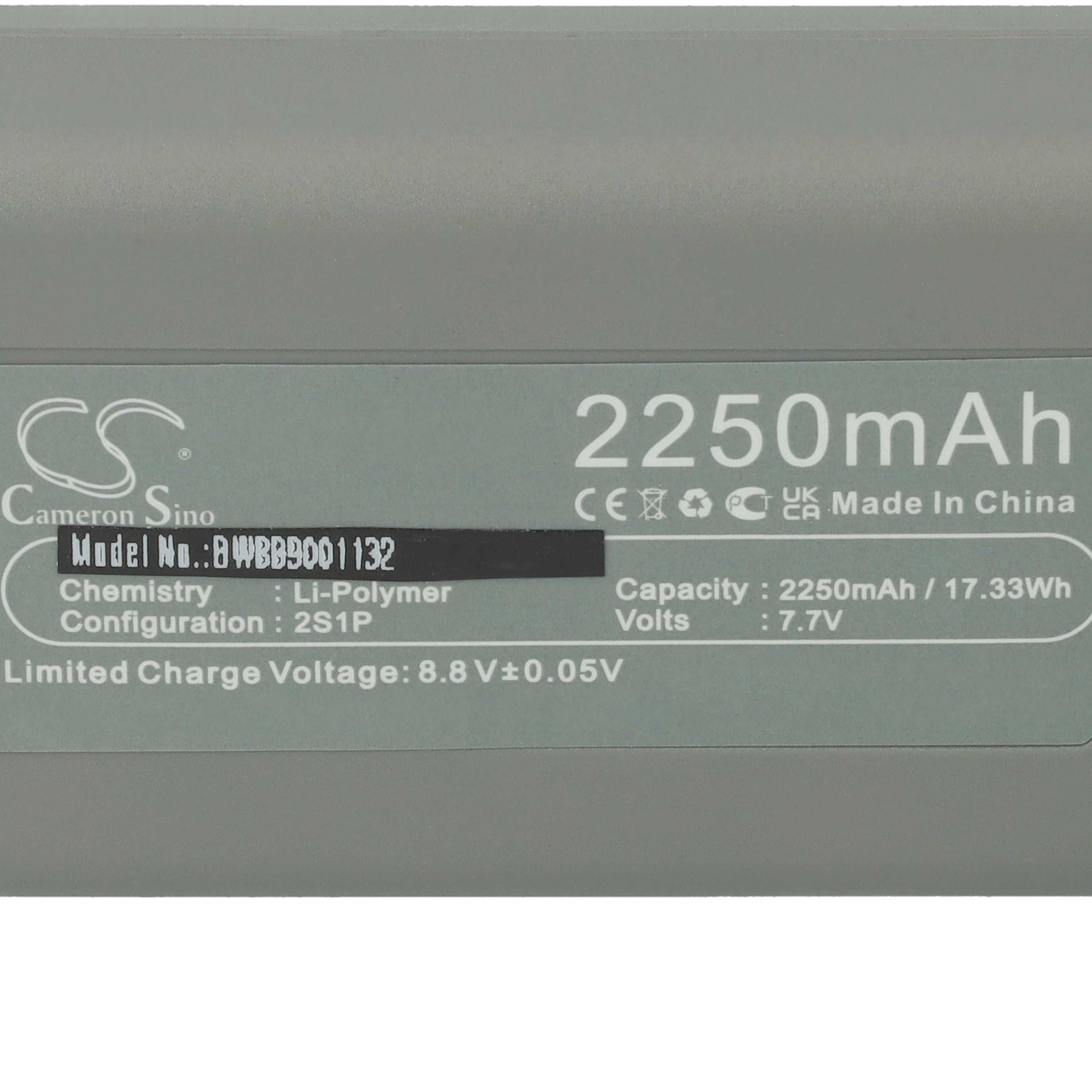 Ein grauer Akku mit weißem Text. Er hat die Marke Cameron Sino, Modellnummer, Kapazität von 2250 mAh und Spannung.