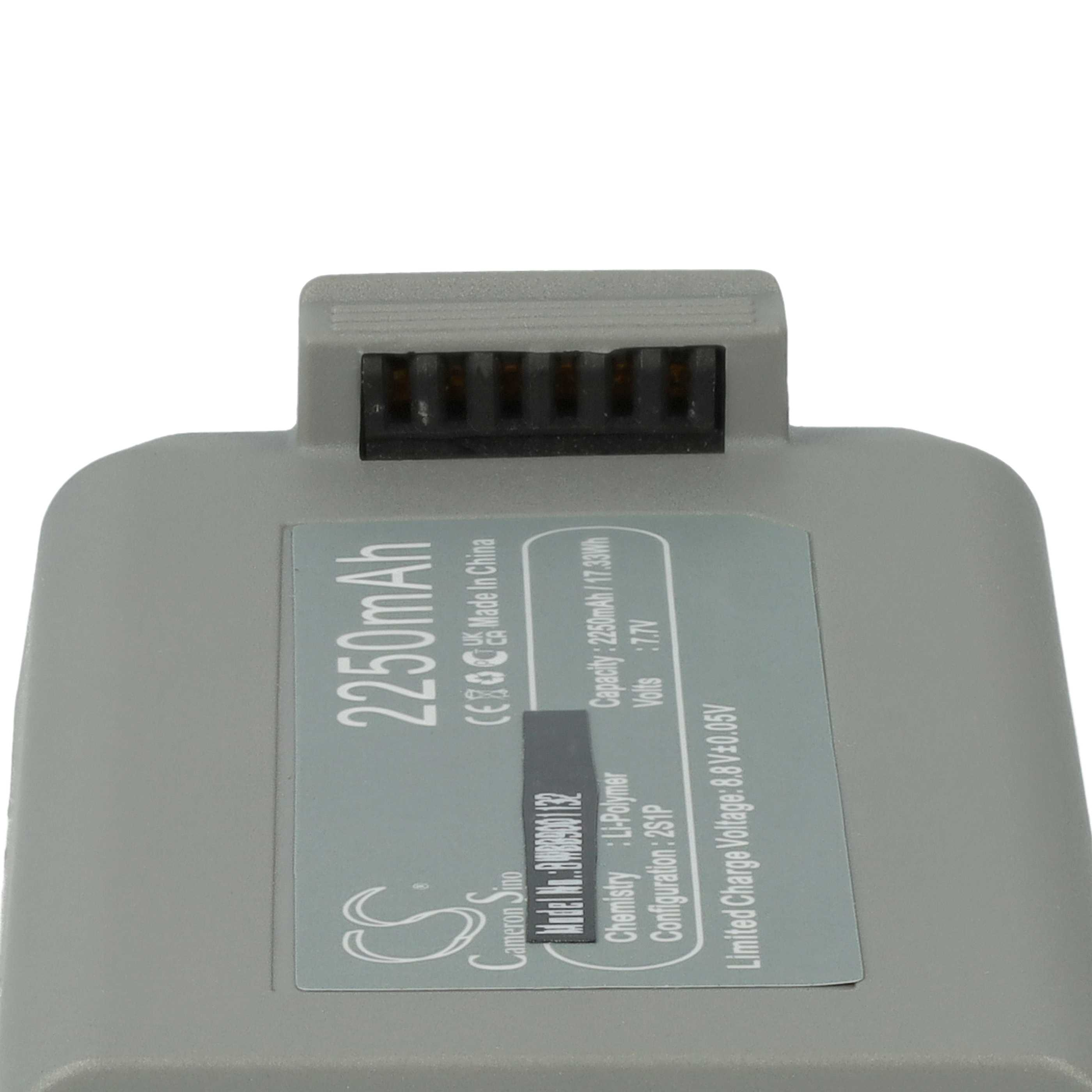 Ein graues Akkupack mit schwarzem Stecker. Es hat ein Etikett mit Spezifikationen und einer Kapazität von 2250mAh.
