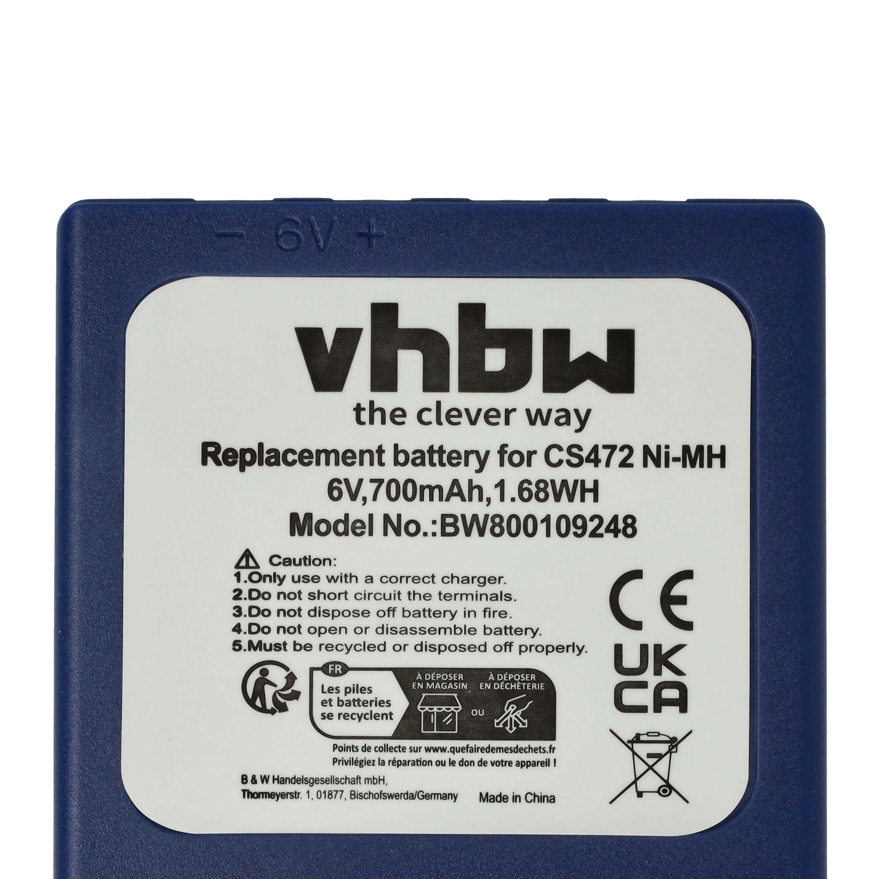 Eine blaue Batterie mit weißem Text. Sie trägt die Aufschrift 'vhbw' und 'Ersatzbatterie'. Sie hat Recyclingsymbole und Warnungen.