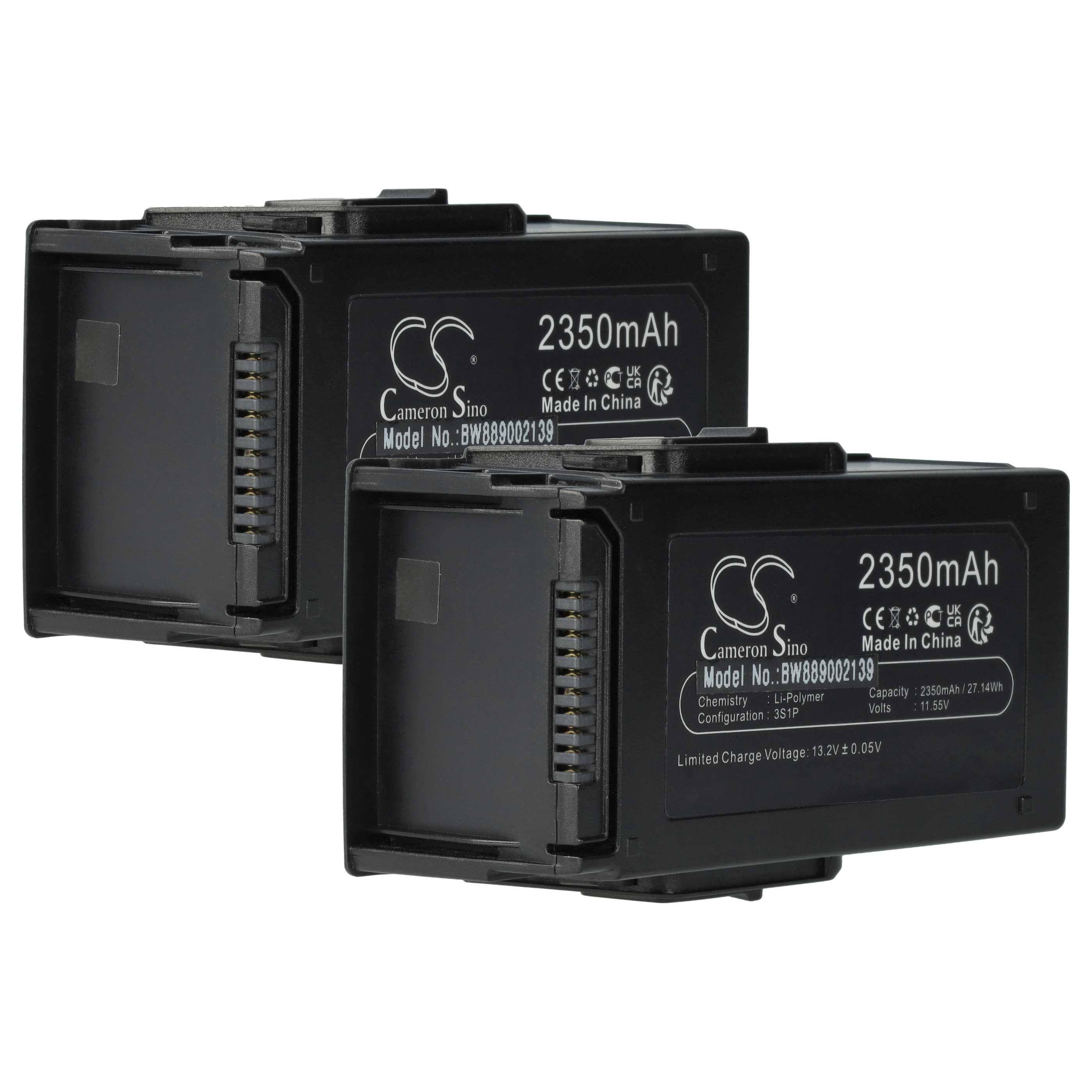 Zwei schwarze Batterien mit weißen Etiketten auf weißem Hintergrund. Jede hat Text wie '2350mAh' und 'Made in China'.