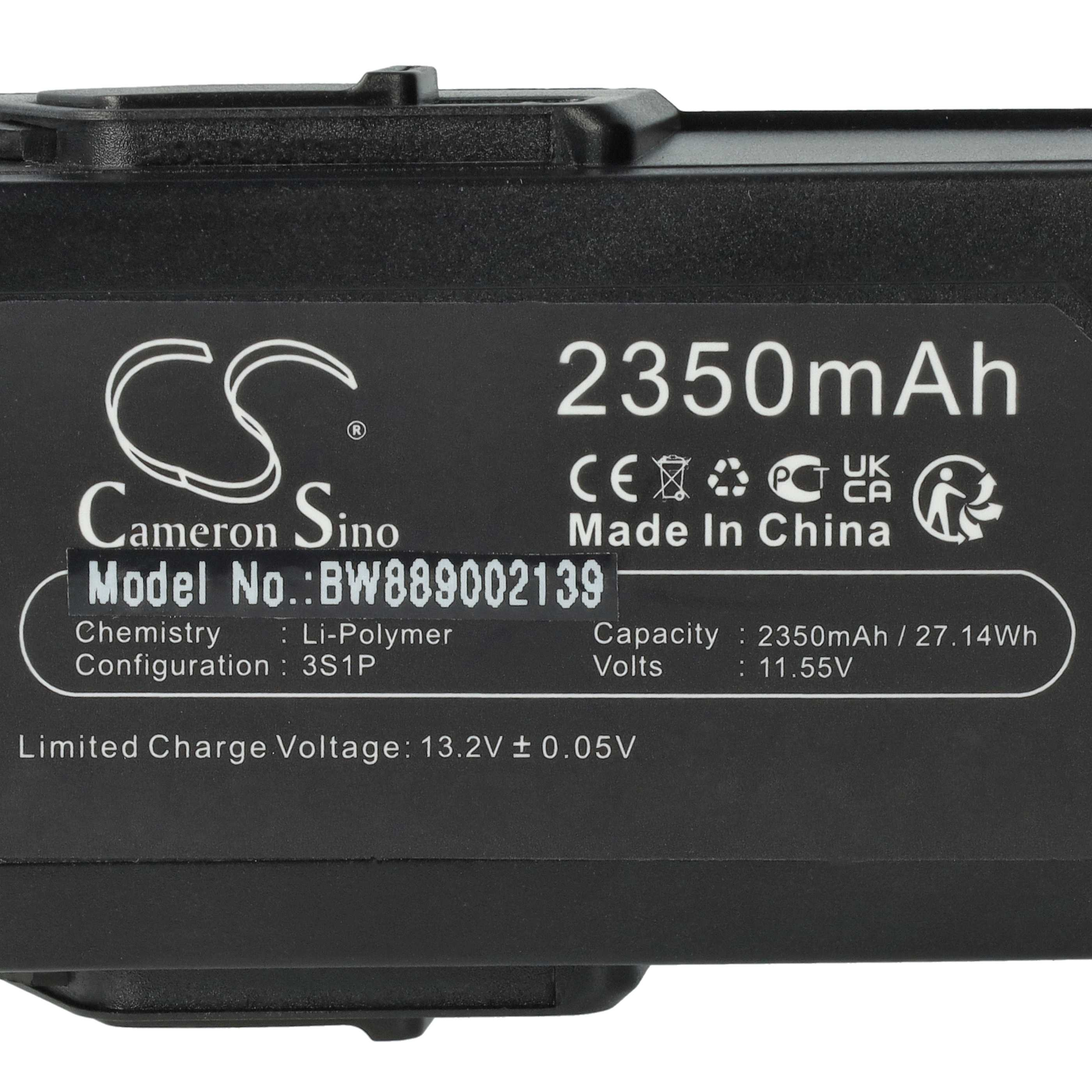 Ein schwarzer Akku mit weißem Text. Er trägt den Markennamen Cameron Sino und Spezifikationen wie 2350 mAh und 11,55 V.