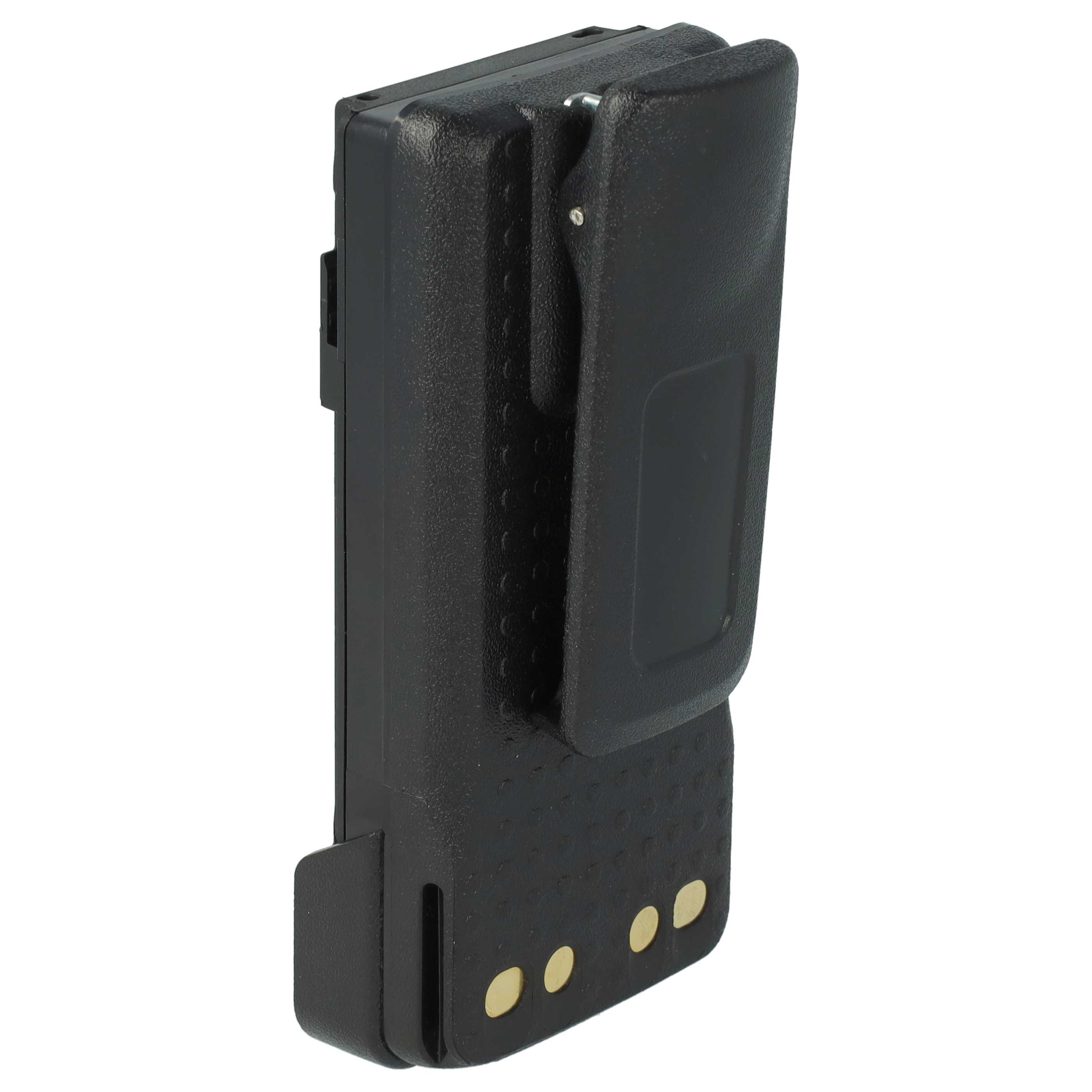 Ein schwarzes Funkgerät-Akkupack. Mit Gürtelclip und drei goldfarbenen Kontaktpunkten.