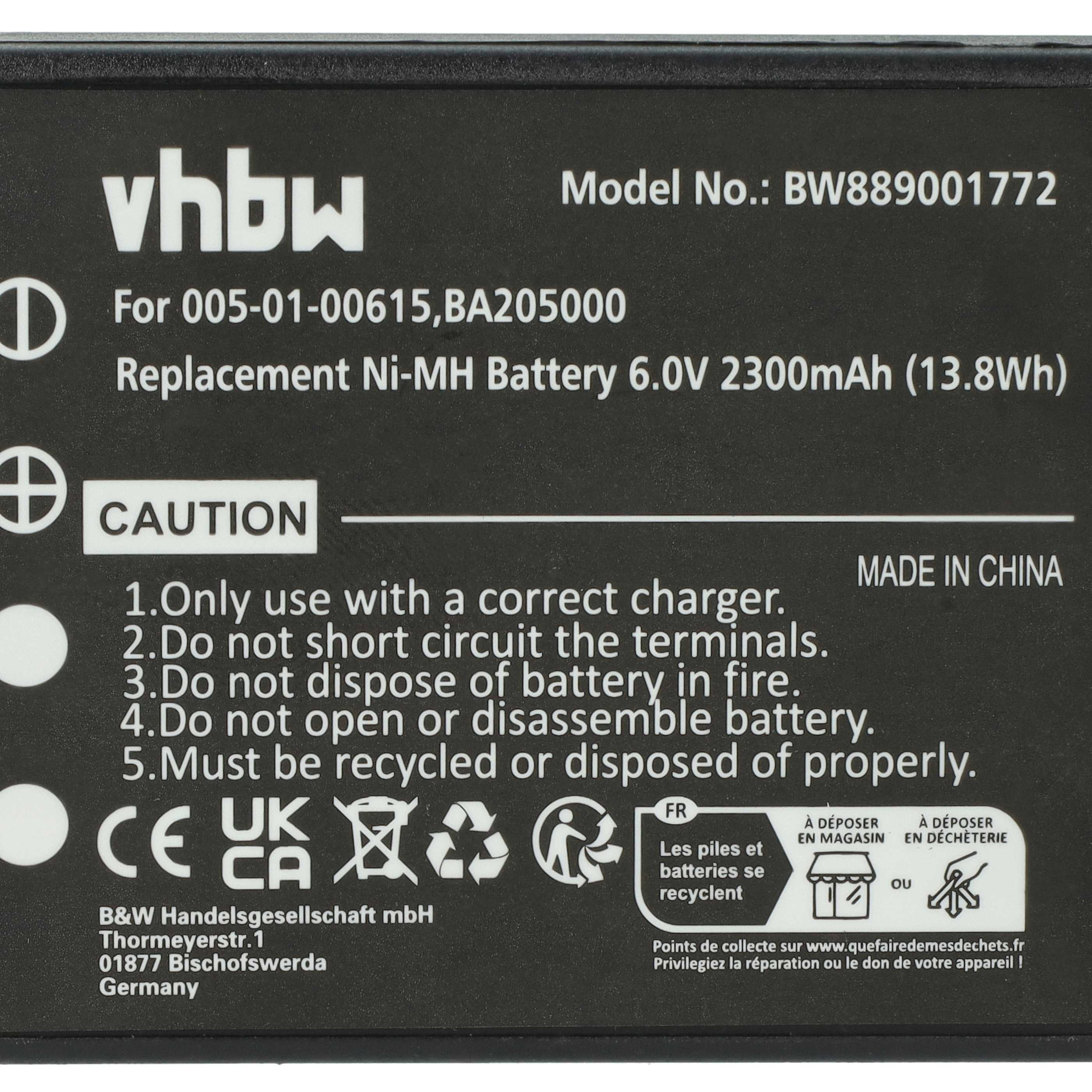 Schwarzes Batterieetikett mit weißem Text. Es listet Warnhinweise, Spezifikationen und Recyclinginformationen auf.