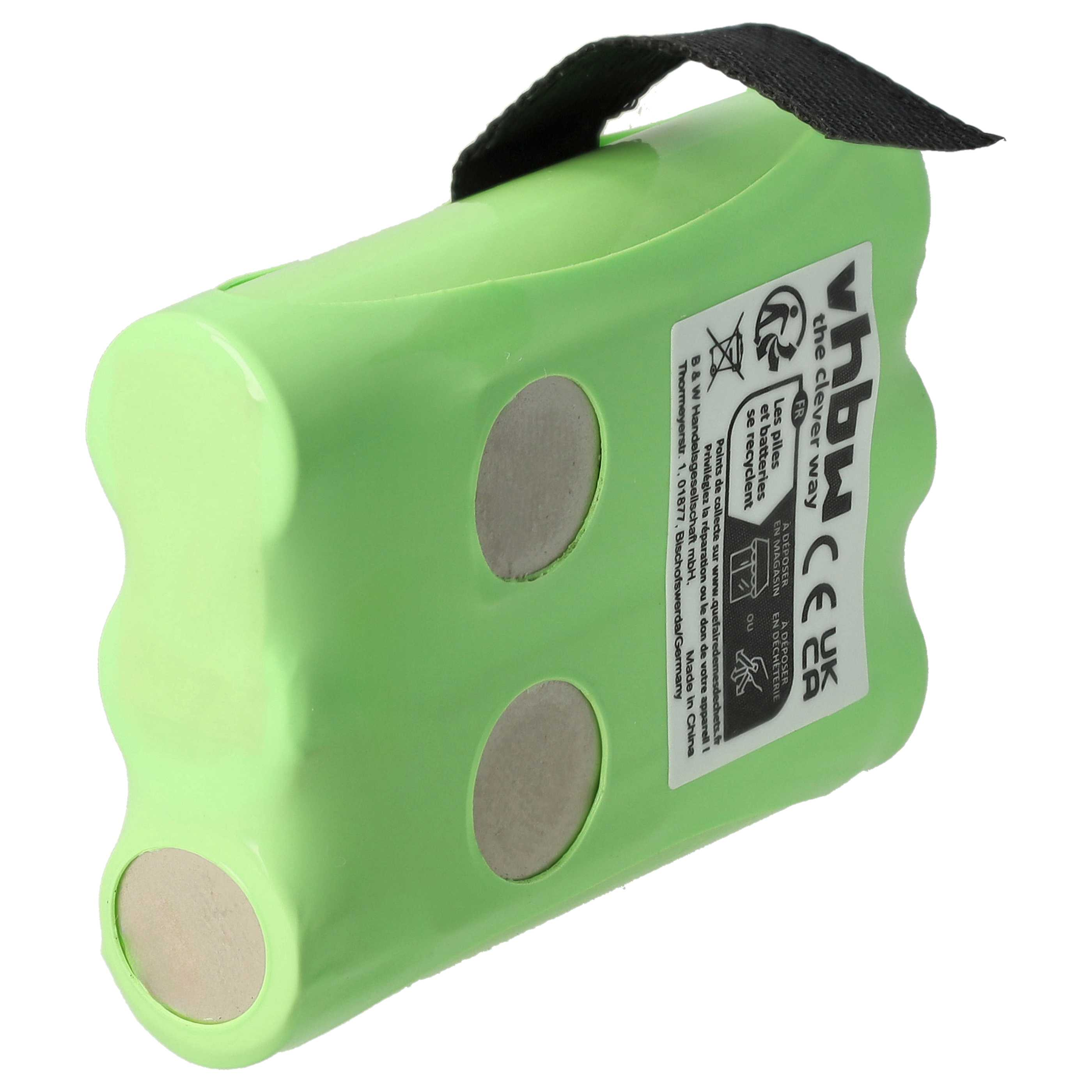 Ein grünes Batteriepack mit schwarzem Griff. Es hat Löcher und Textetiketten. Der Hintergrund ist weiß.