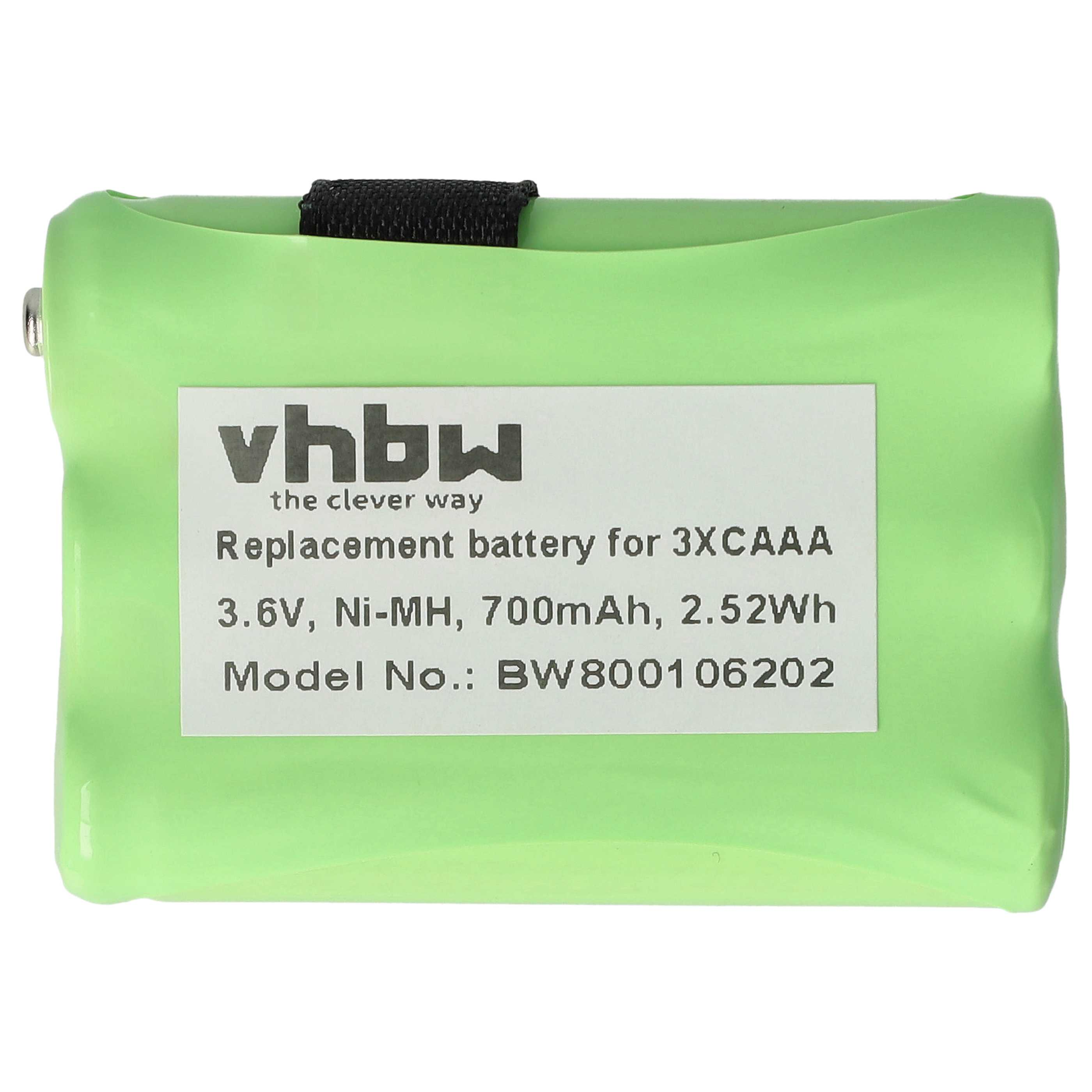 Eine grüne Batterie mit schwarzem Streifen. Sie hat ein weißes Etikett mit Text zu Spezifikationen und dem Markennamen 'vhbw'.