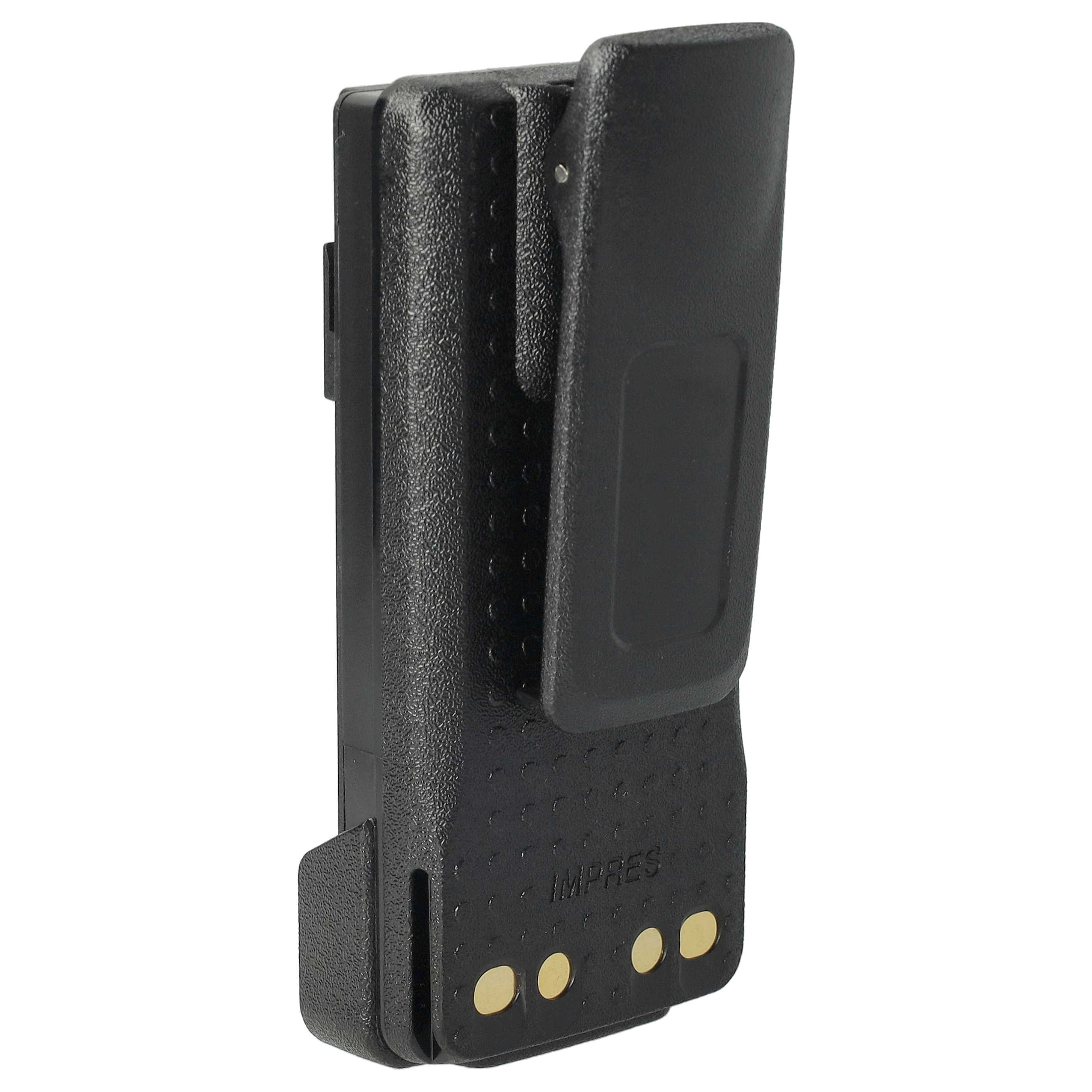 Eine schwarze Batteriehalterung mit Gürtelclip. Sie hat goldene Kontaktpunkte und das Wort 'IMPRES'.