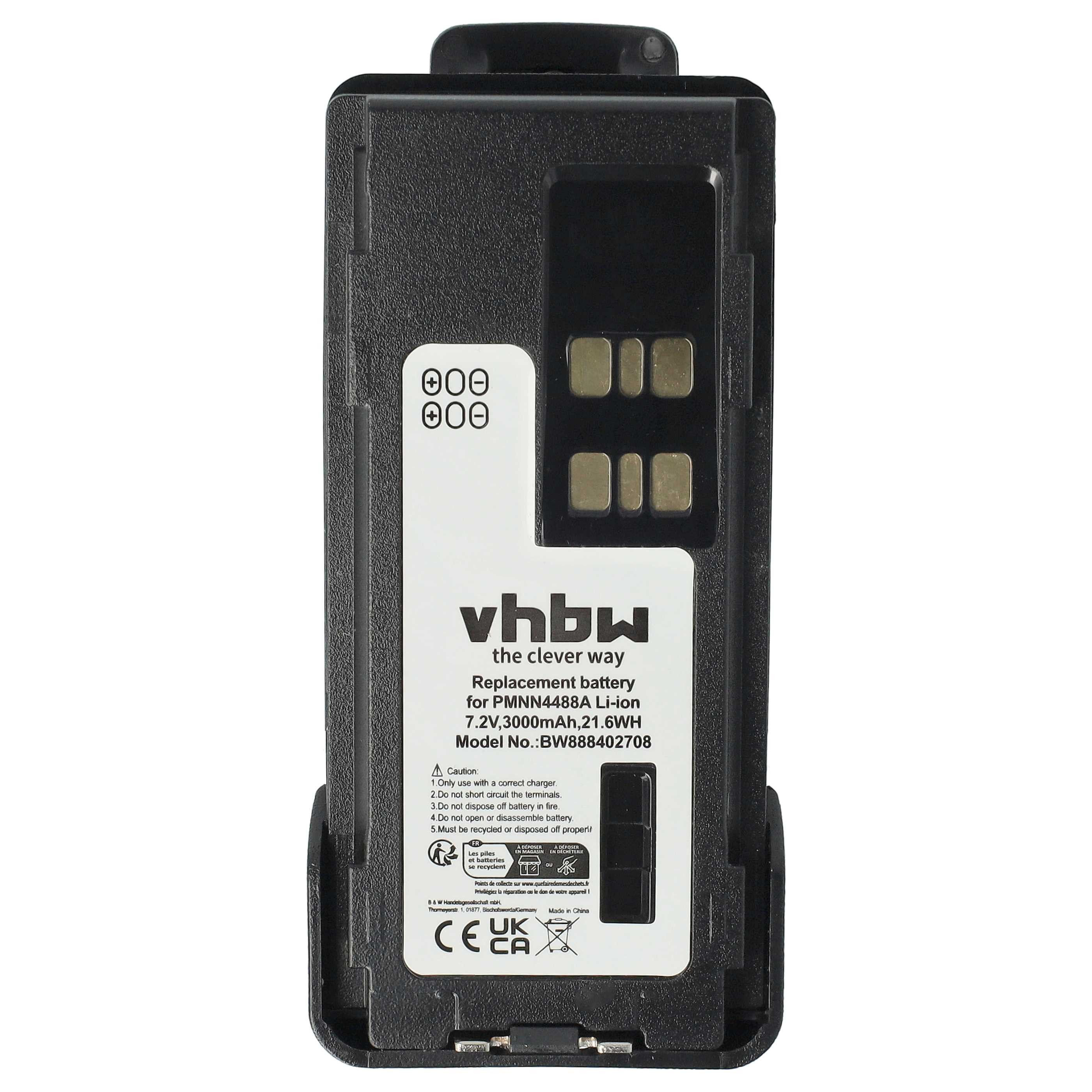 Schwarzer Akku mit weißem Etikett. Text enthält: vhbw, Ersatzbatterie und Modellinfo. Recycling-Symbole.