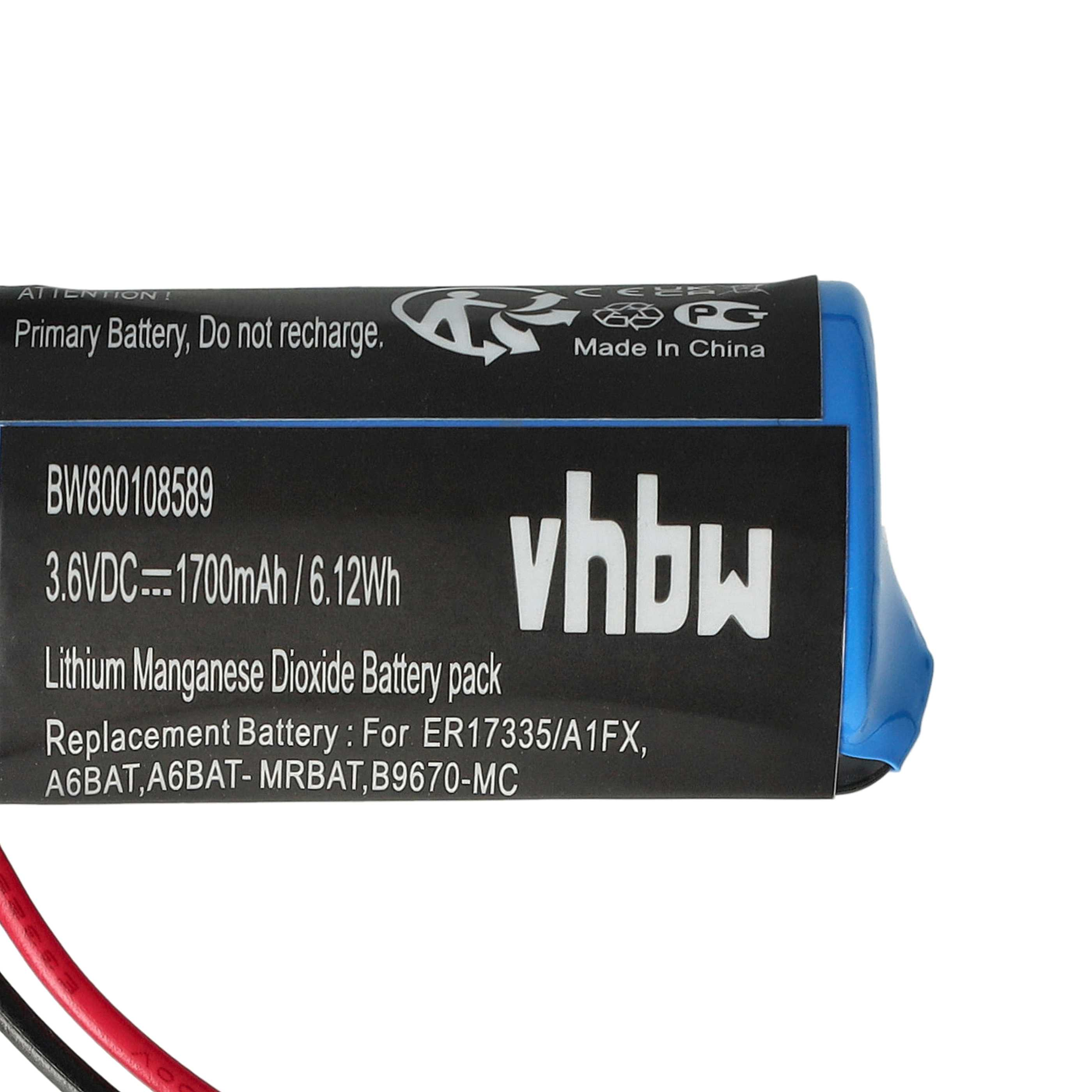 Batteriepack mit Text. Die Oberseite ist blau. Text enthält 'Primary Battery', '3.6VDC' und 'vHbW'.