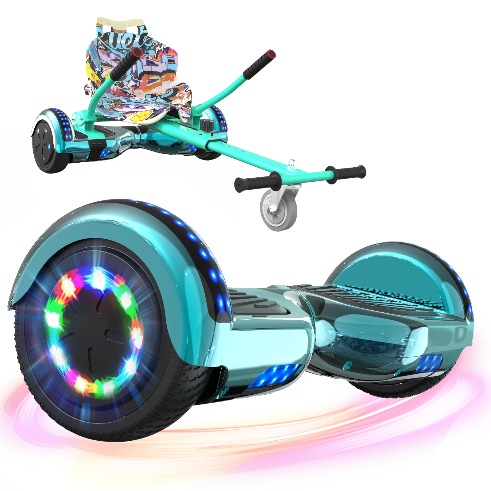 Ein türkisfarbenes Hoverboard mit Sitzaufsatz. Die Räder haben bunte Lichter. Der Sitz hat Graffiti-Kunst.