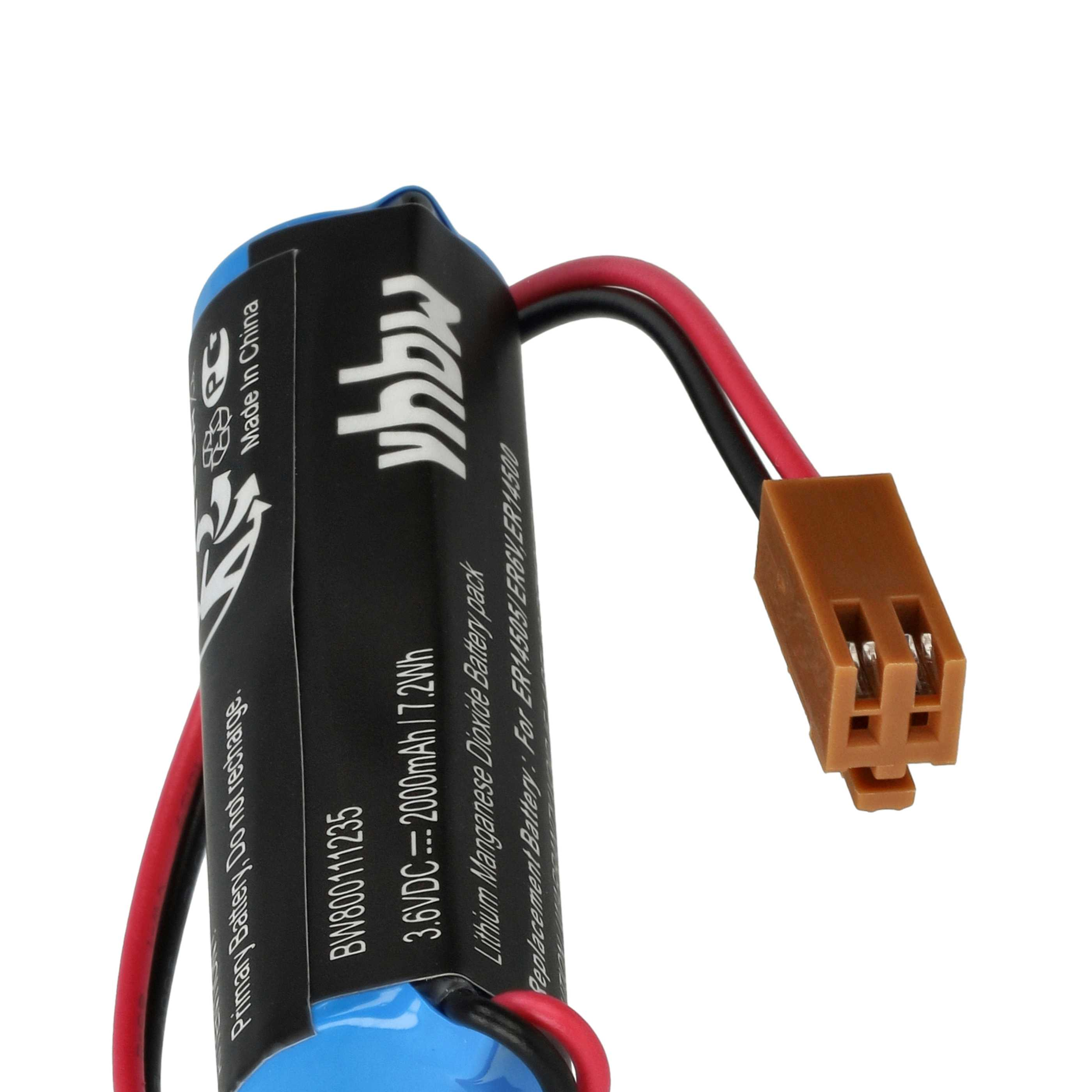 Eine Batterie mit blau-schwarzen Etiketten, rot/schwarzen Drähten und einem braunen Stecker. Text enthält Batterieangaben.