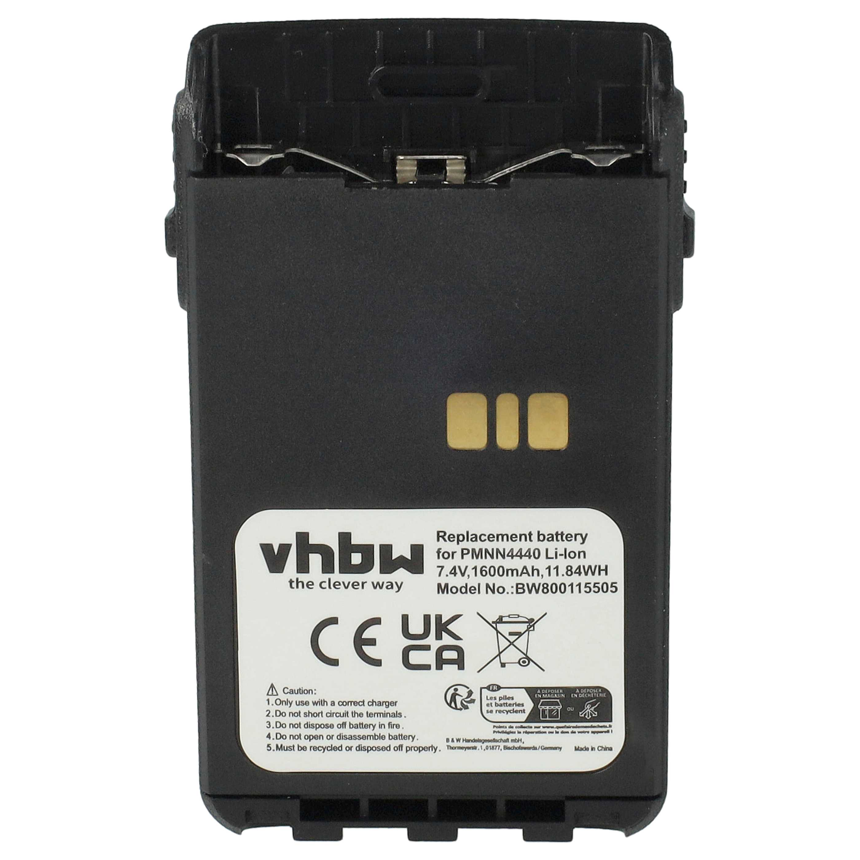 Schwarzer Akku mit weißem Etikett. Text: Ersatzbatterie für PMNN4440 Li-Ion. Enthält Warnungen und Logos.