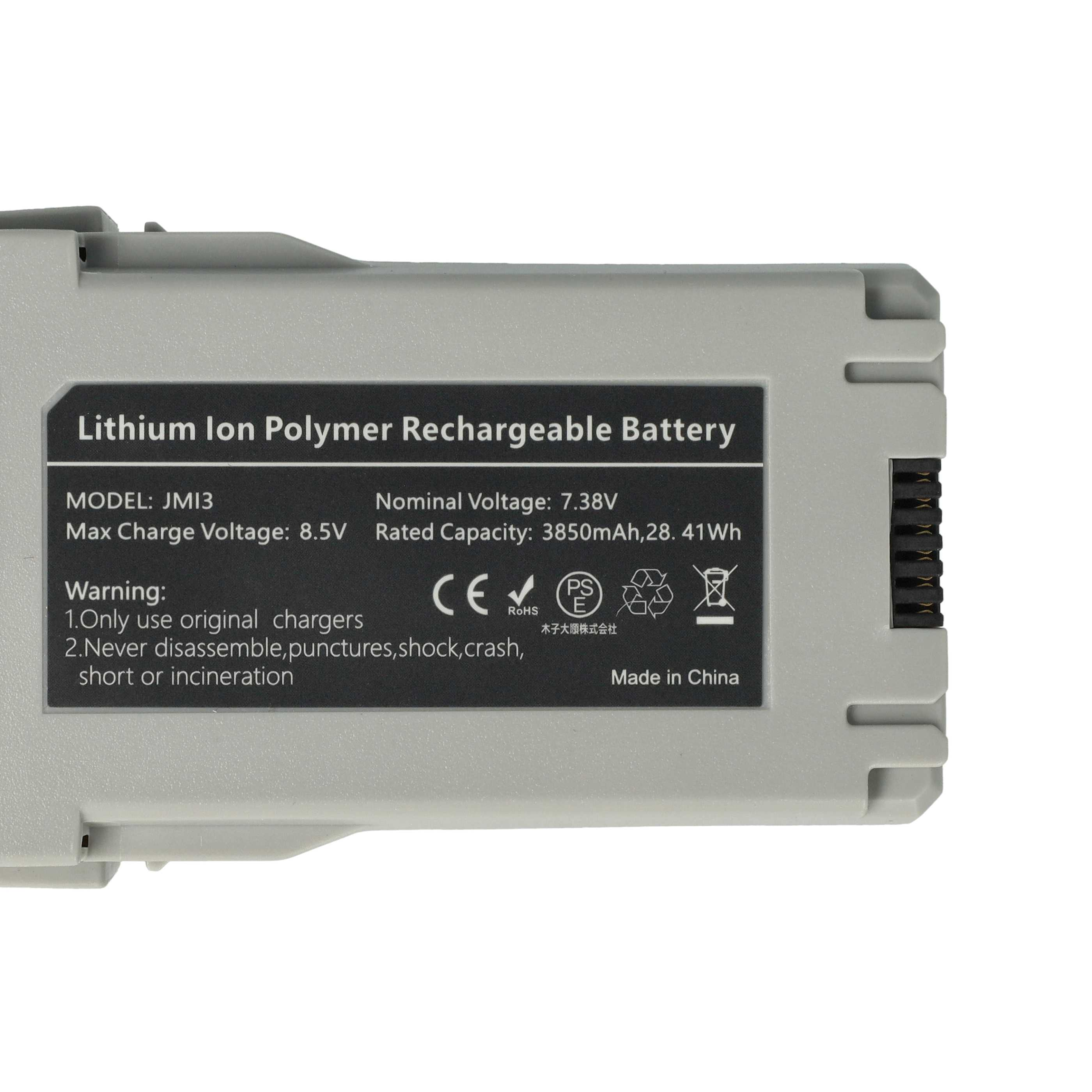 Ein rechteckiger Akku mit Etiketten. Text enthält 'Lithium-Ionen-Polymer', Modell, Spannung und Warnhinweise.