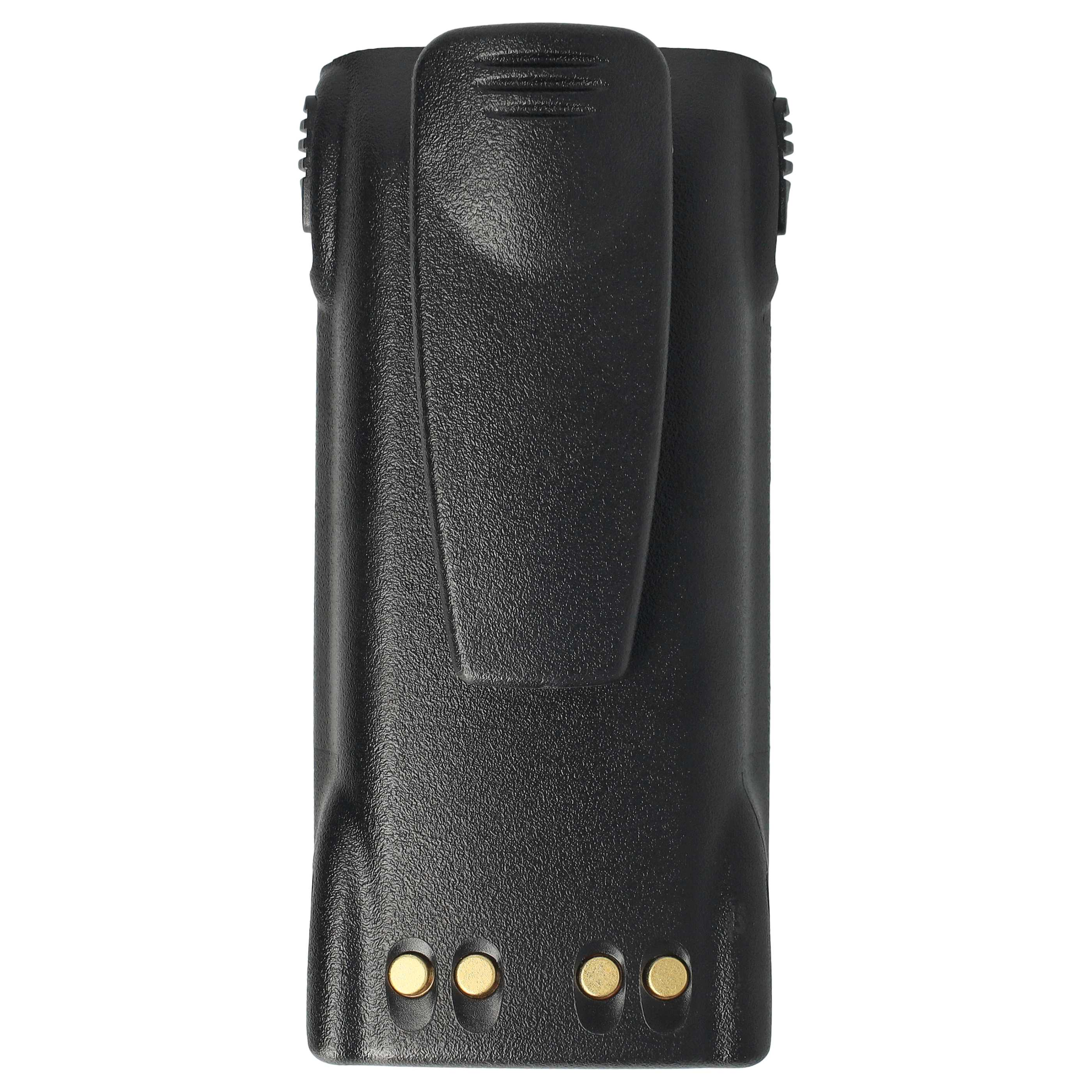 Ein schwarzer Funkbatterie vor weißem Hintergrund. Es hat einen Gürtelclip und vier goldfarbene Kontakte.