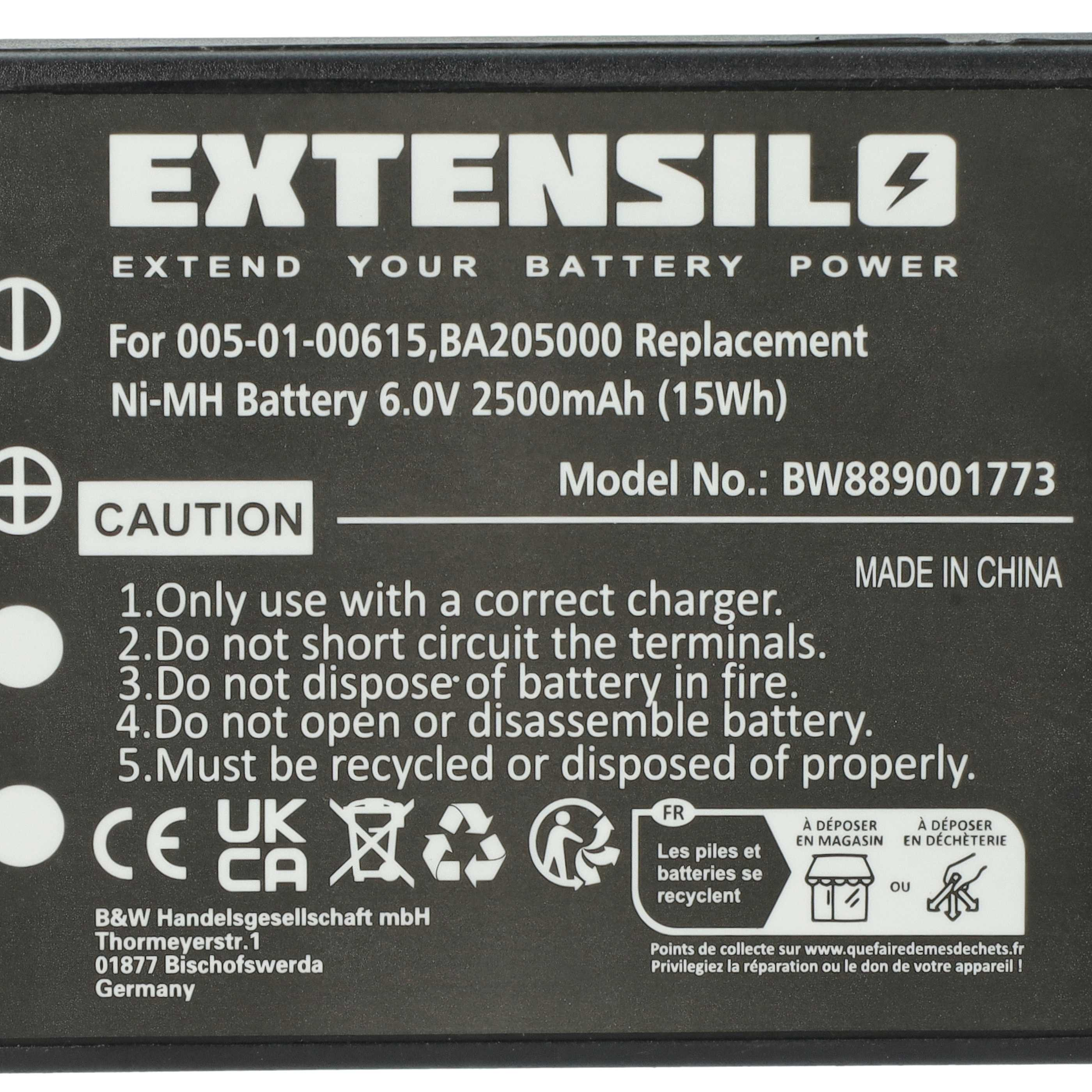 Schwarzes Batterieetikett mit weißem Text. Es steht 'EXTENSILO' und Sicherheitshinweise.