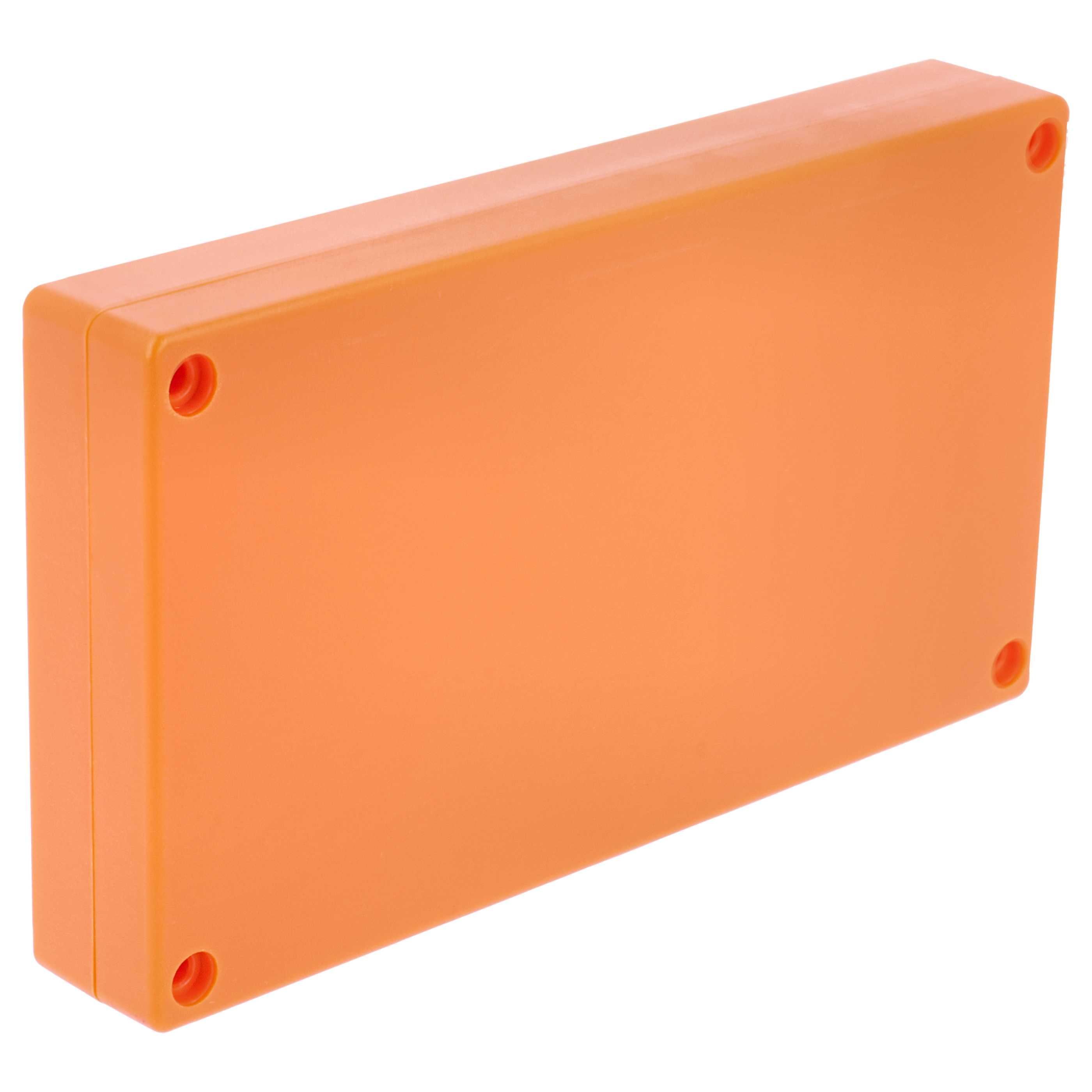 Eine orangefarbene, rechteckige Plastikbox mit abgerundeten Ecken und vier Löchern. Weißer Hintergrund.