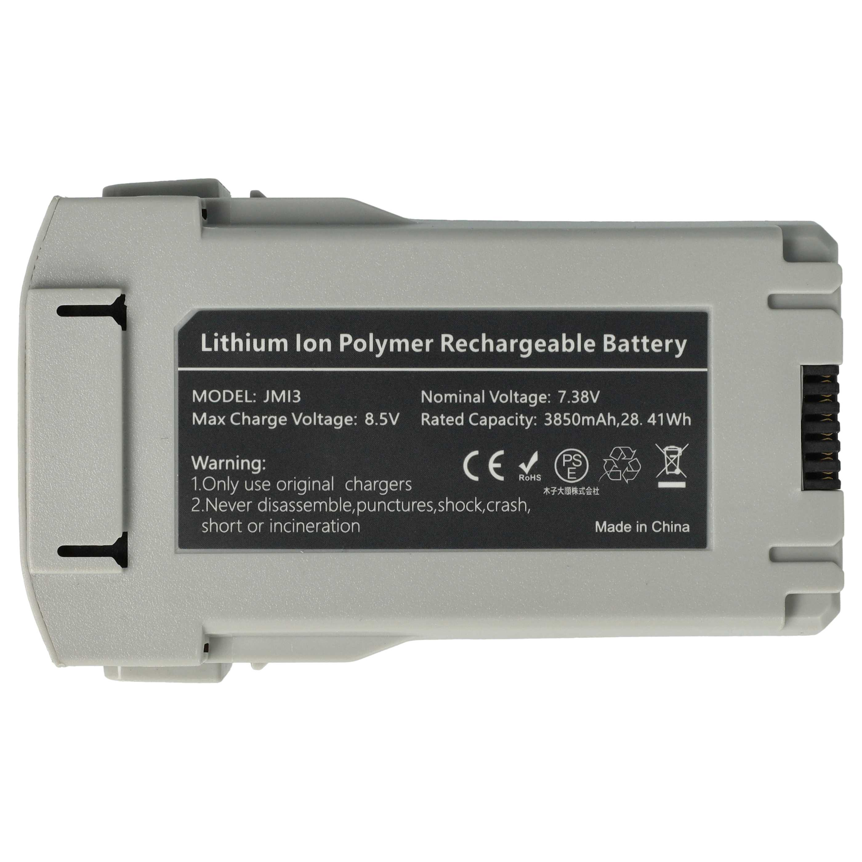 Ein grauer Lithium-Ionen-Polymer-Akku mit schwarzen Textetiketten, hergestellt in China.